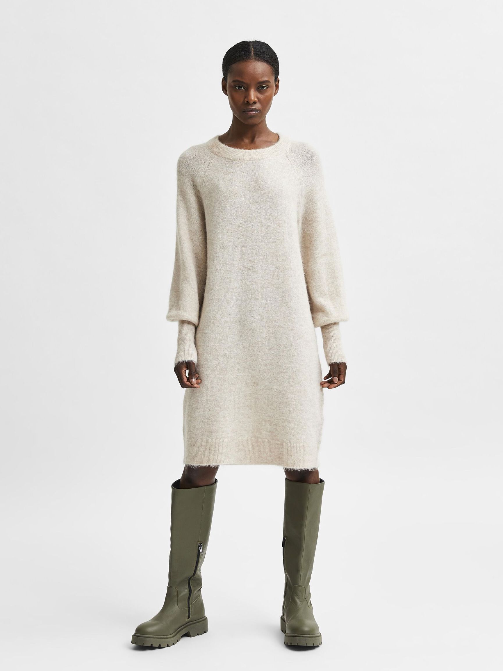 LONG SLEEVED KNITTED DRESS, Birch, highres