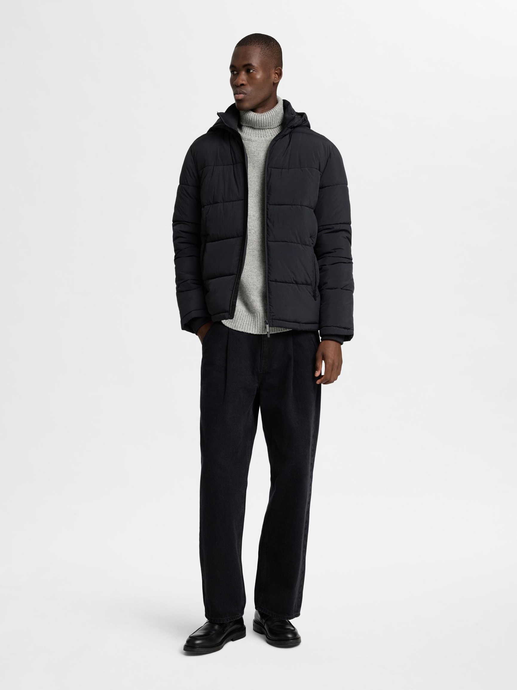 HOODED PUFFER JACKET, Black, highres