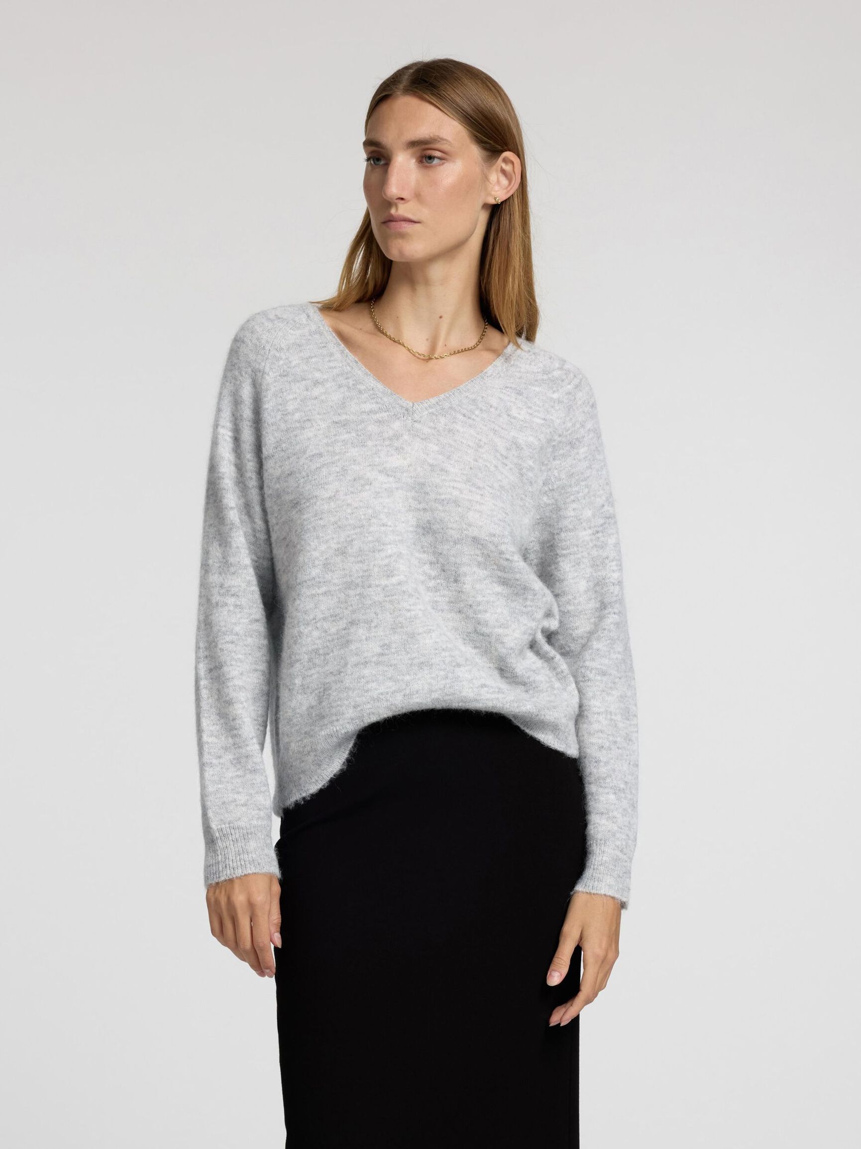 WOOL BLEND V NECK PULLOVER, Light Grey Melange, highres
