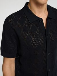 KURZARM POLOHEMD AUS STRICK, Black, highres