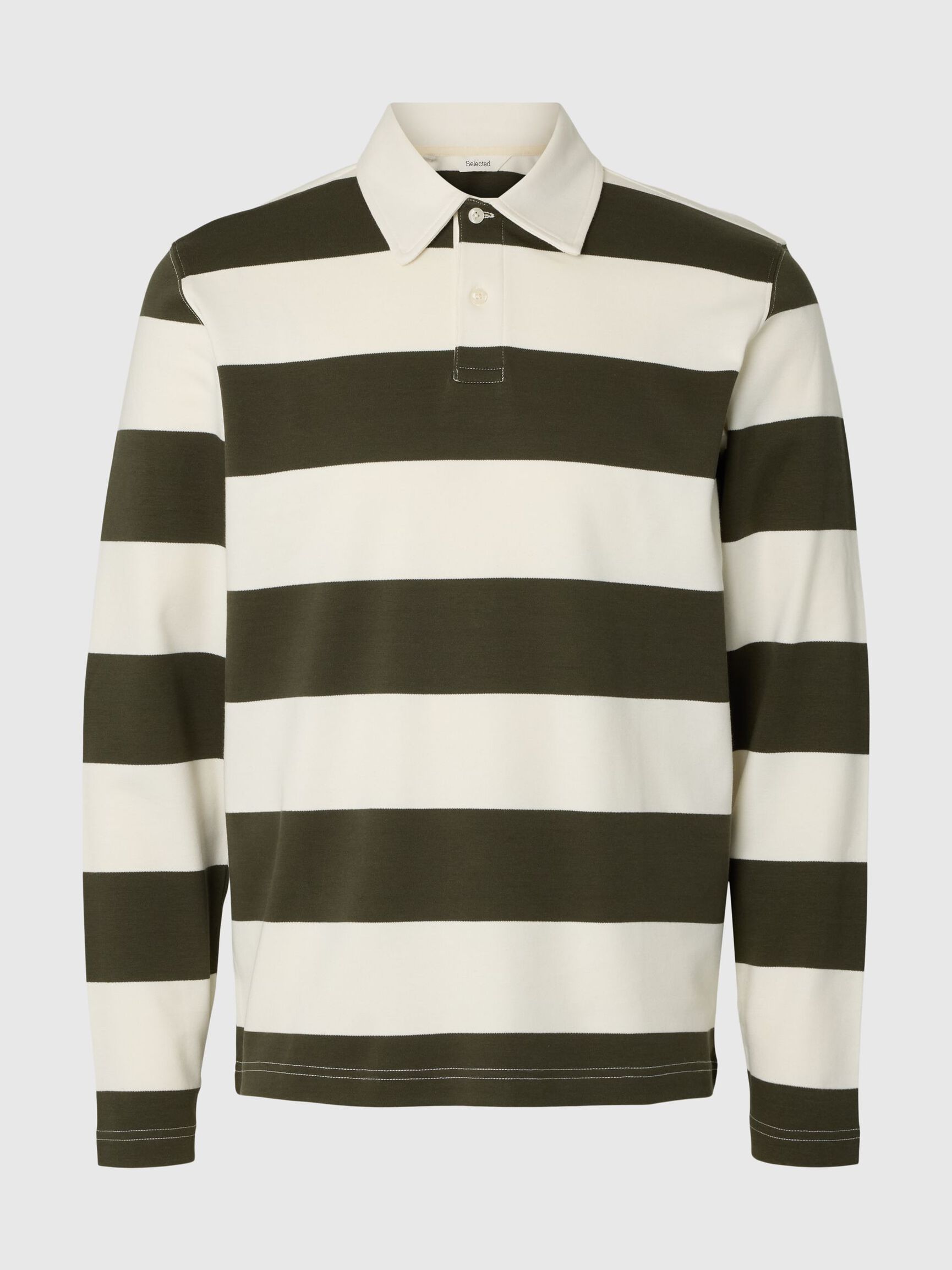 STRIPED COTTON LONG-SLEEVED POLO, Forest Night, highres