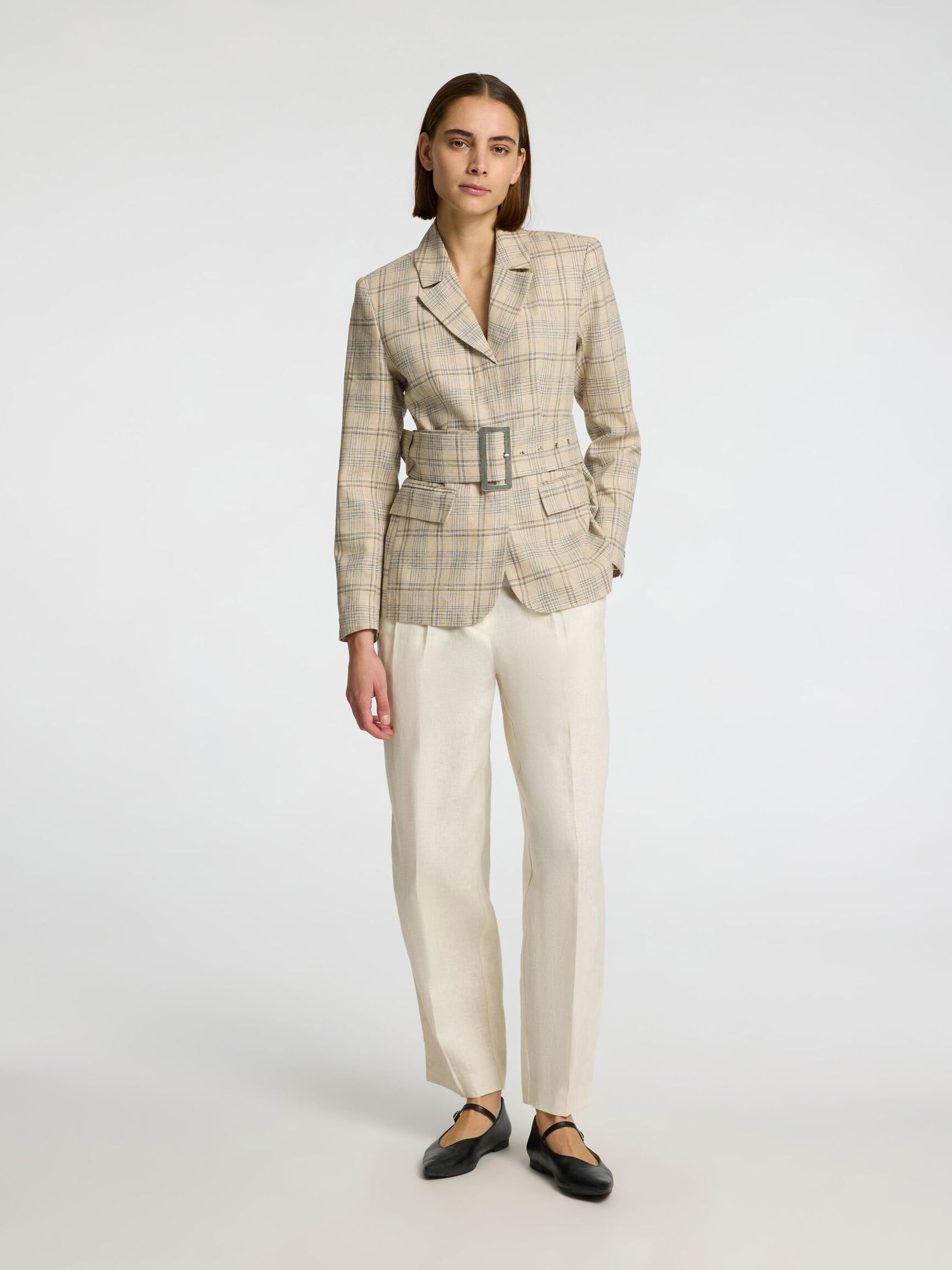 LINNEBLANDNING RUTIG SLIM FIT-KAVAJ, Bleached Sand, highres