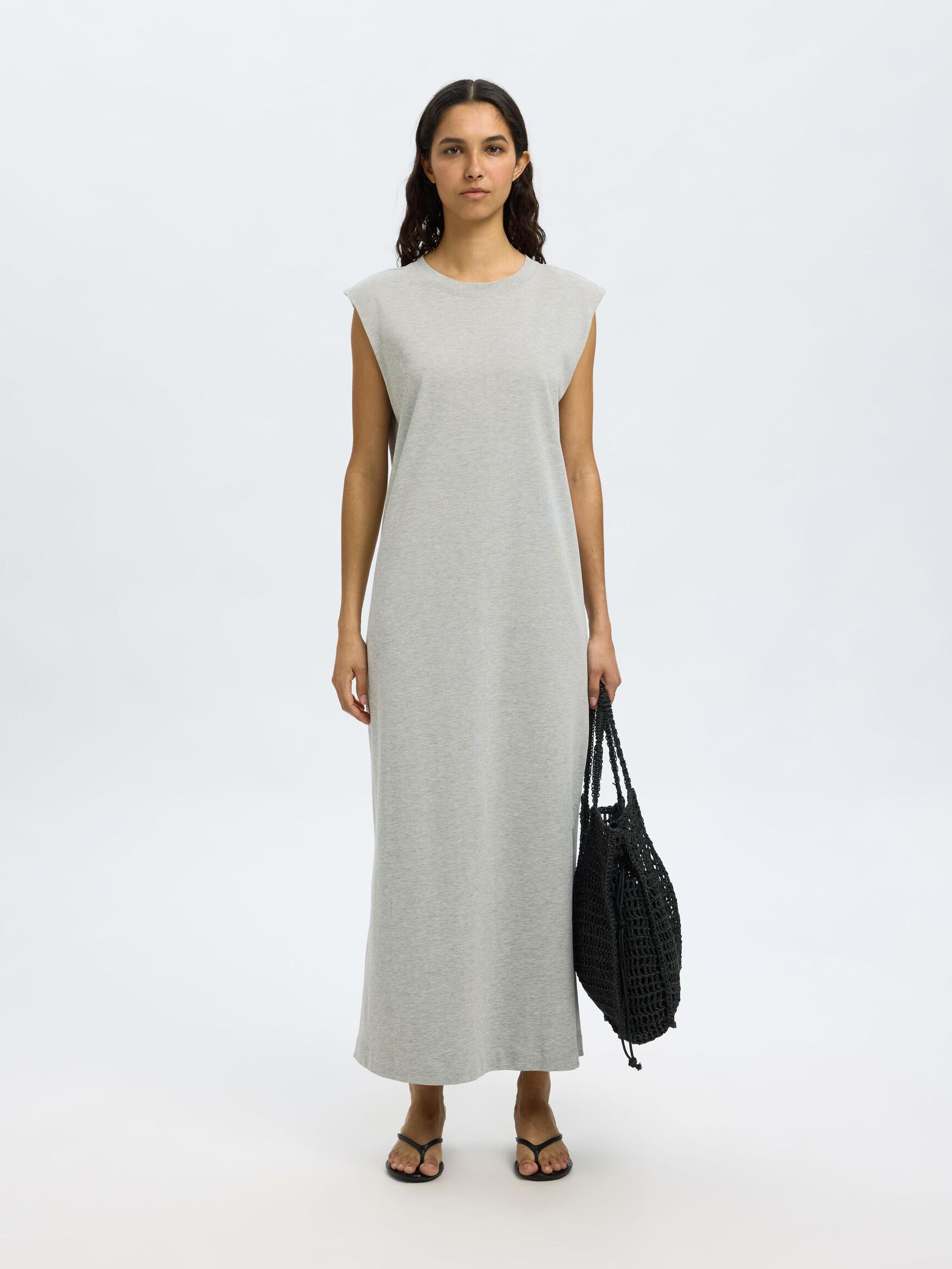 ÄRMELLOSES BAUMWOLL MAXIKLEID, Light Grey Melange, highres