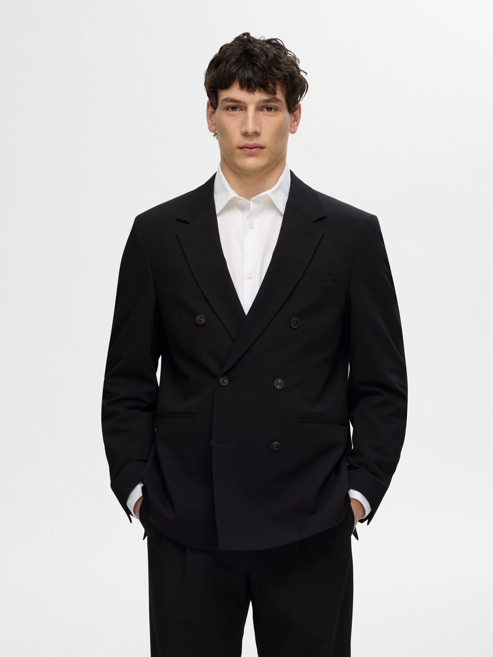 RELAXED FIT DOUBLE-BREASTED BLAZER, Black, highres