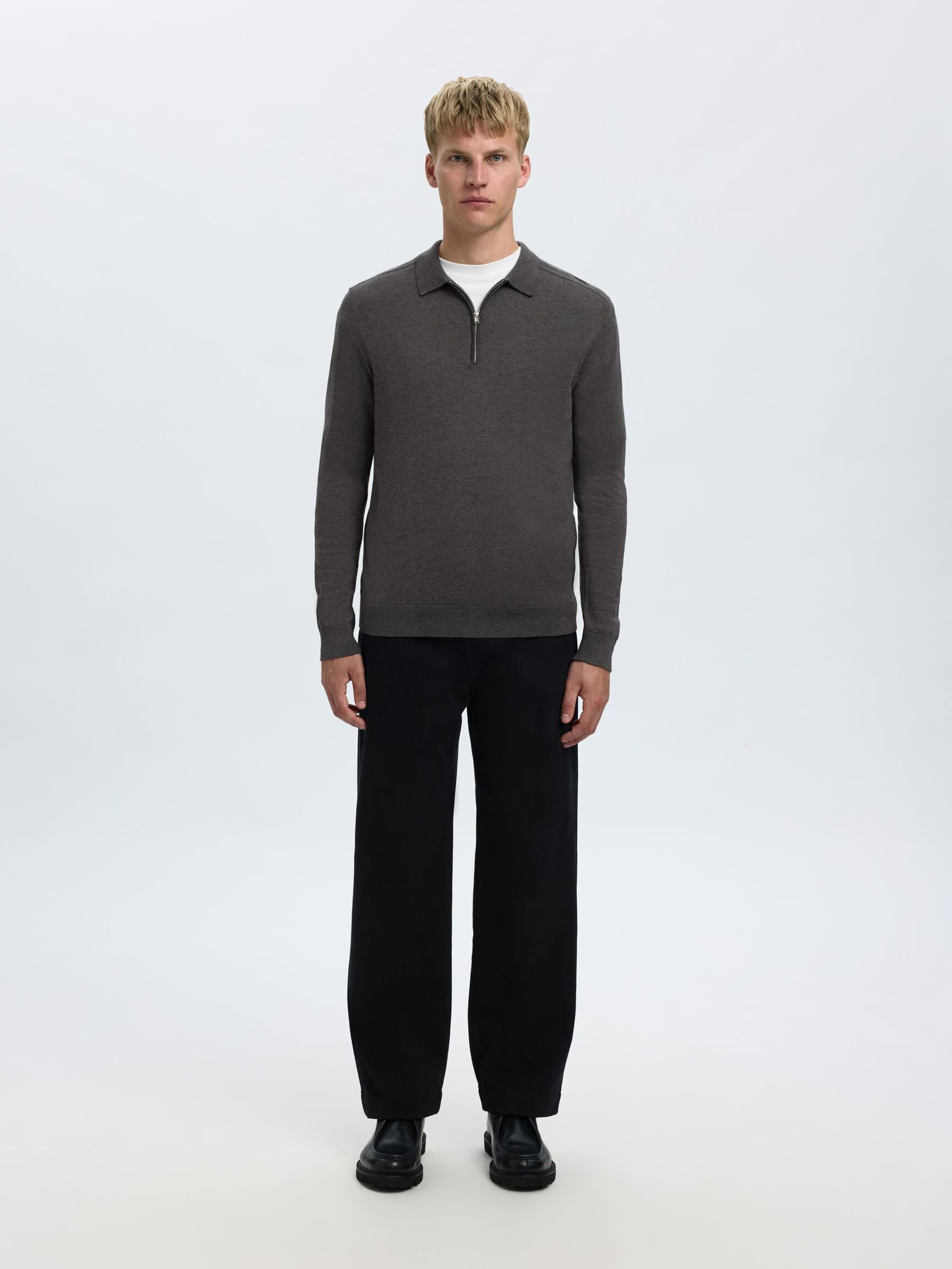 KNITTED LONG-SLEEVED POLO, Antracit, highres