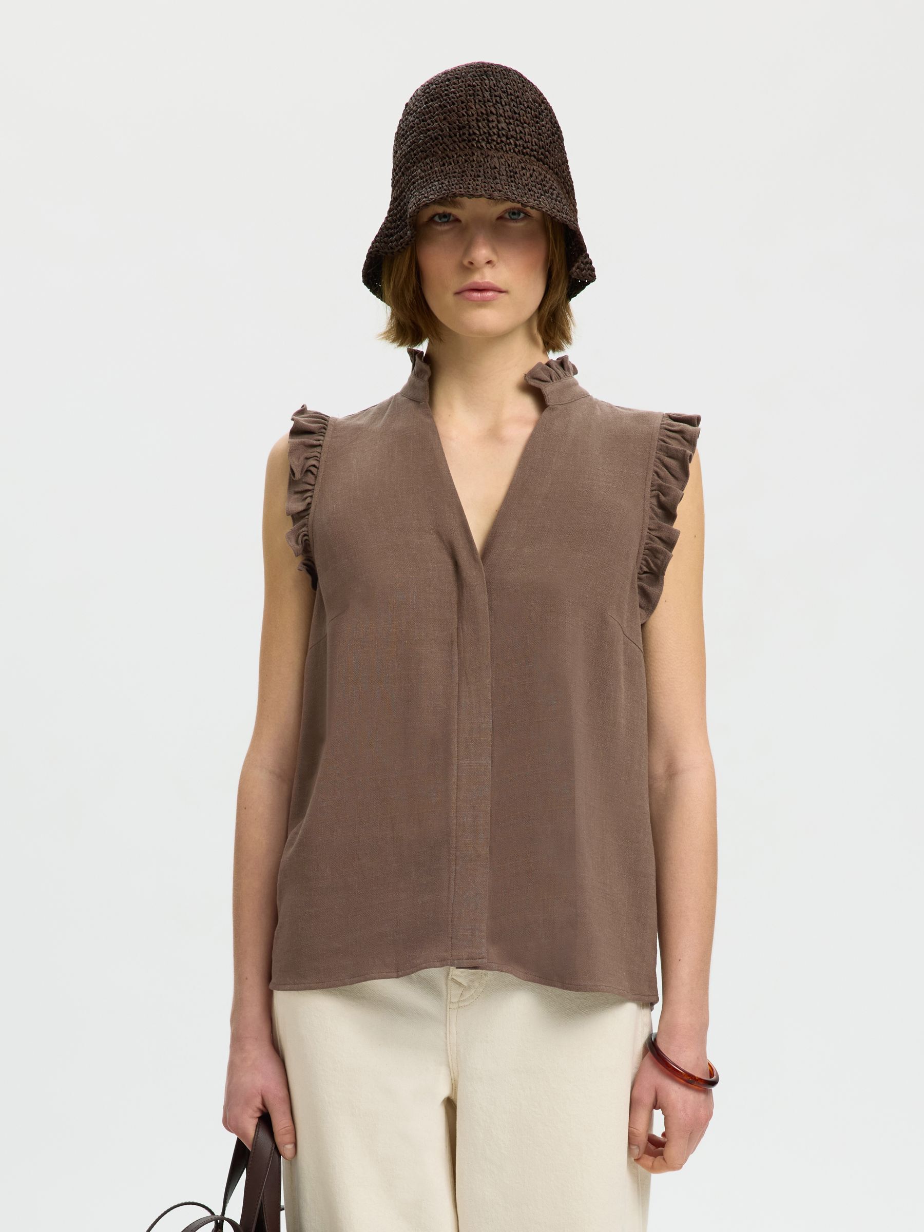 SLEEVELESS RUFFLE DETAIL TOP, Chocolate Chip, highres