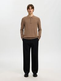 KNITTED LONG-SLEEVED POLO, Teak, highres