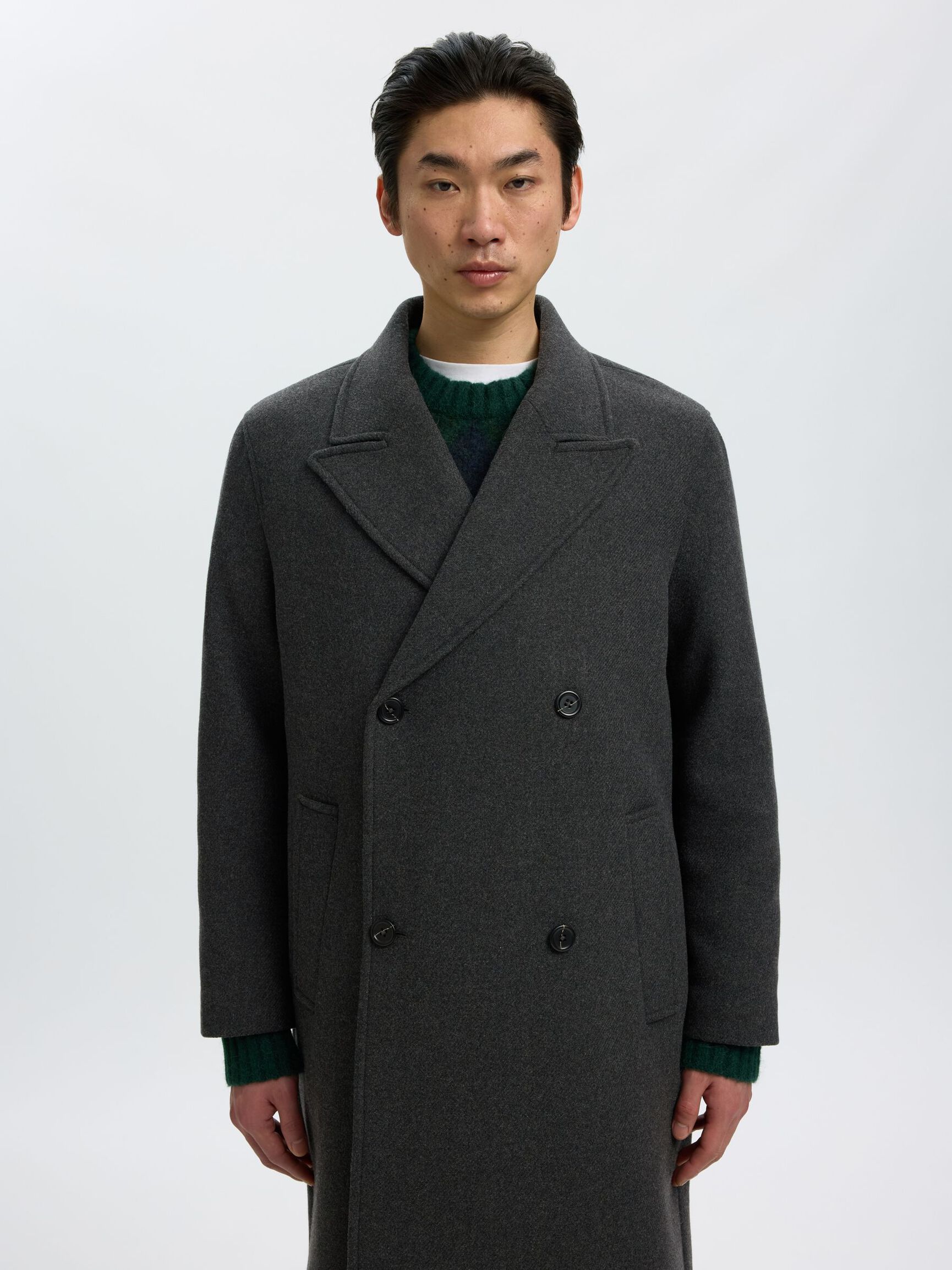 DOUBLE BREASTED WOOL BLEND LONG COAT, Dark Grey, highres