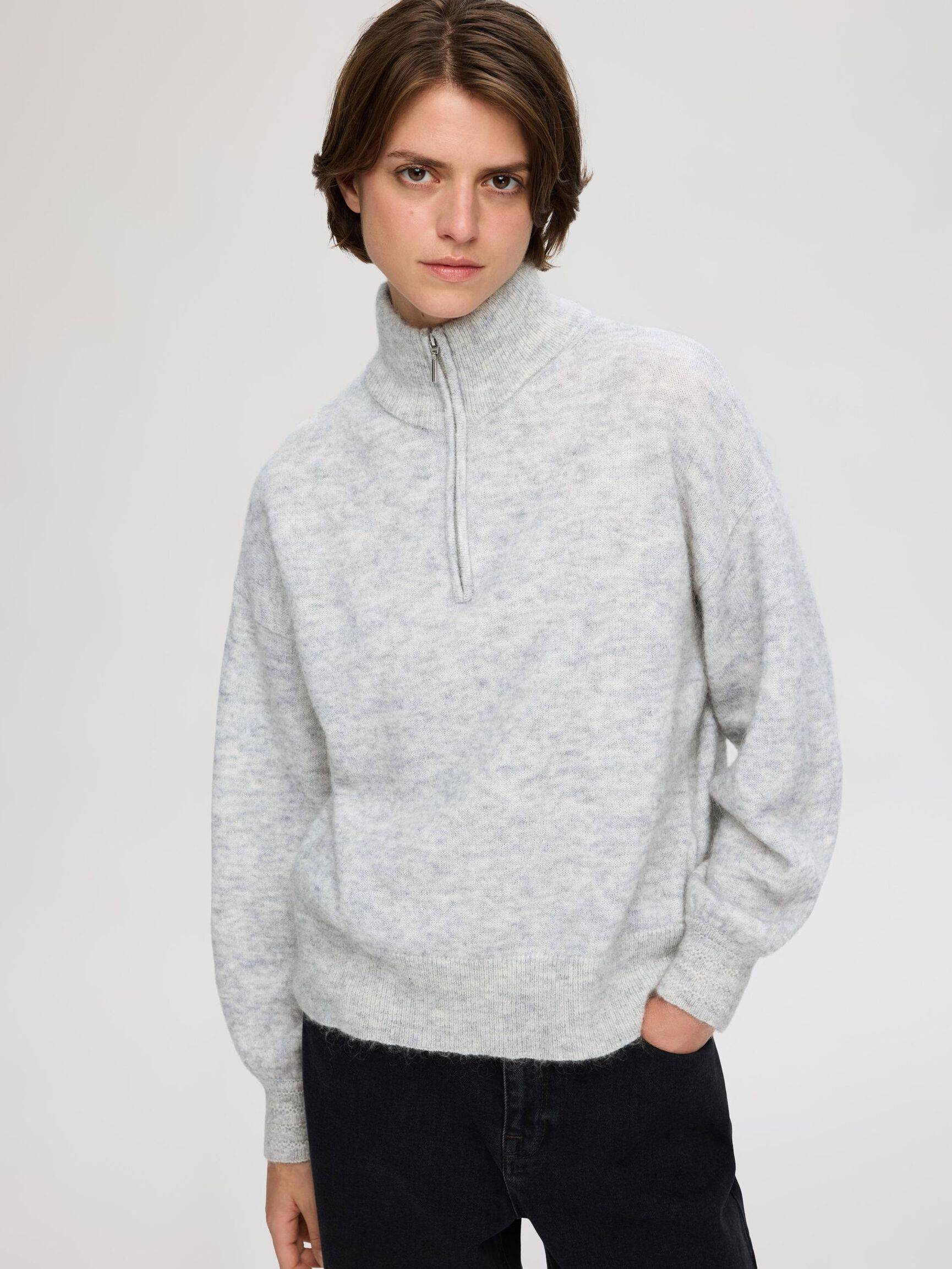 WOOL BLEND  HALF-ZIP JUMPER, Light Grey Melange, highres