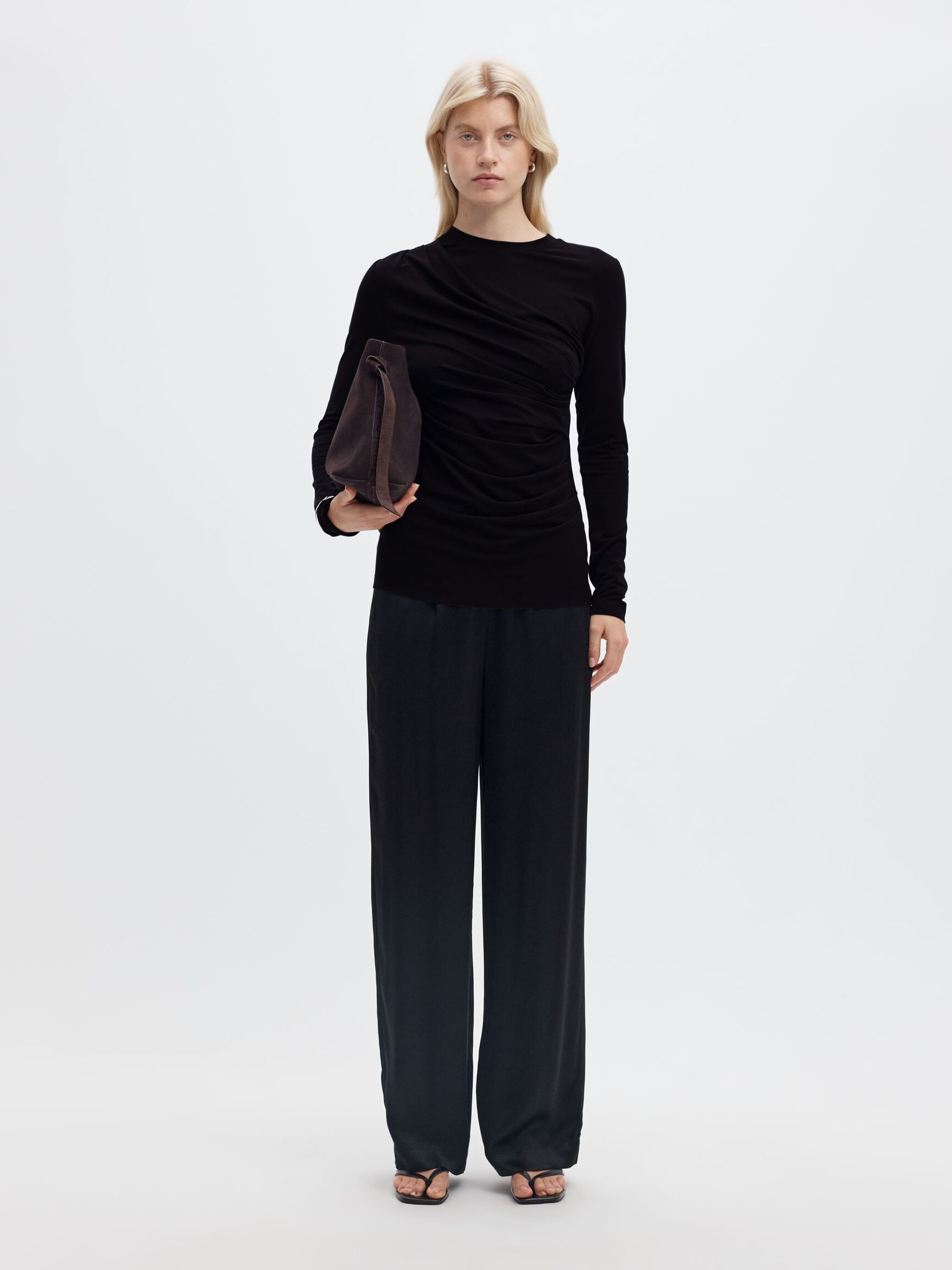 DRAPED LONG SLEEVED TOP, Black, highres