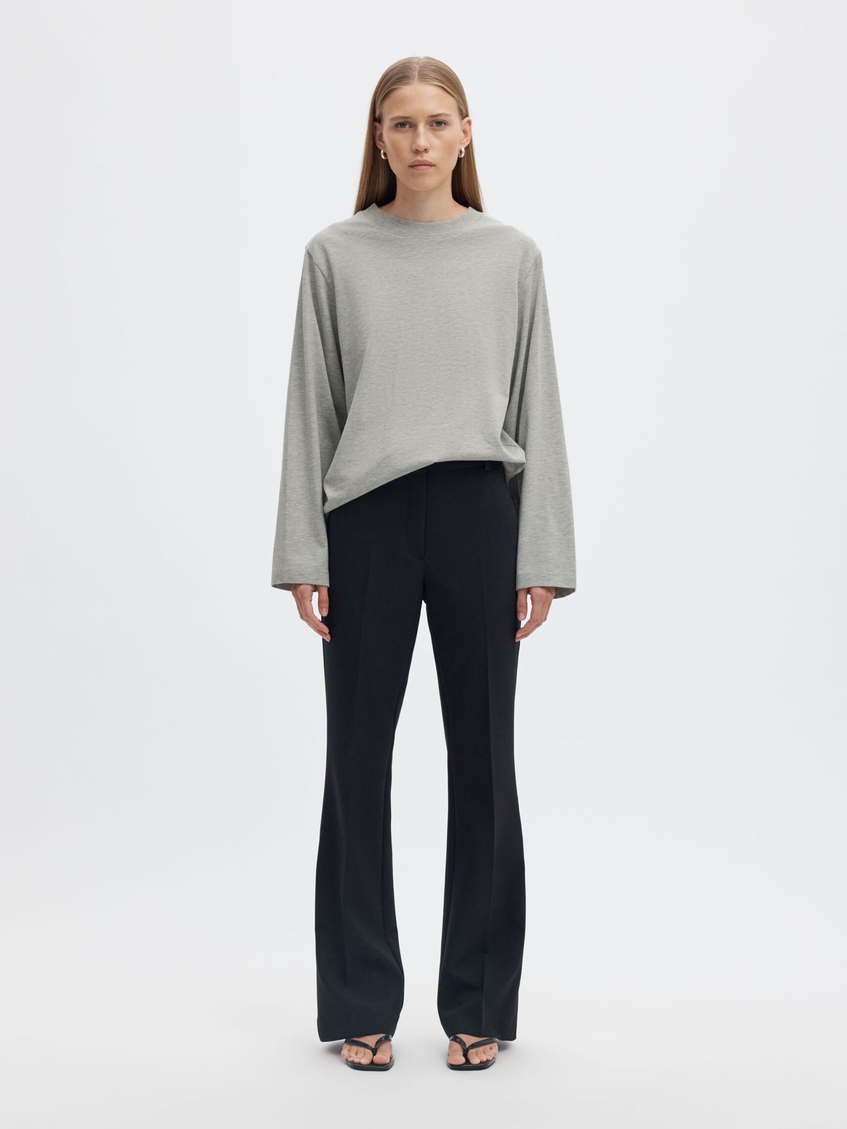 MOCK NECK LONG-SLEEVED T-SHIRT, Light Grey Melange, highres