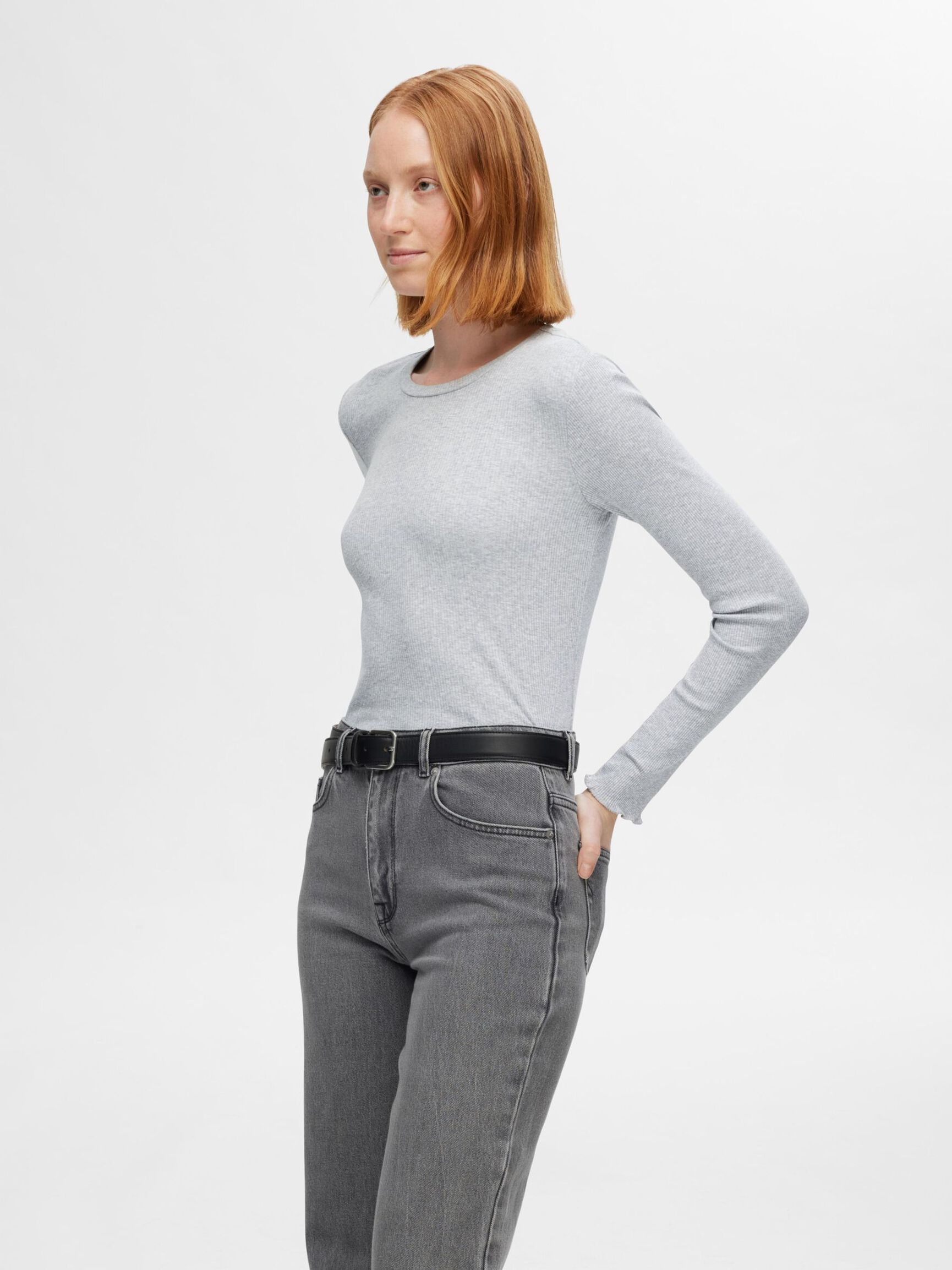 GERIPPTES OBERTEIL MIT LANGEN ÄRMELN, Light Grey Melange, highres