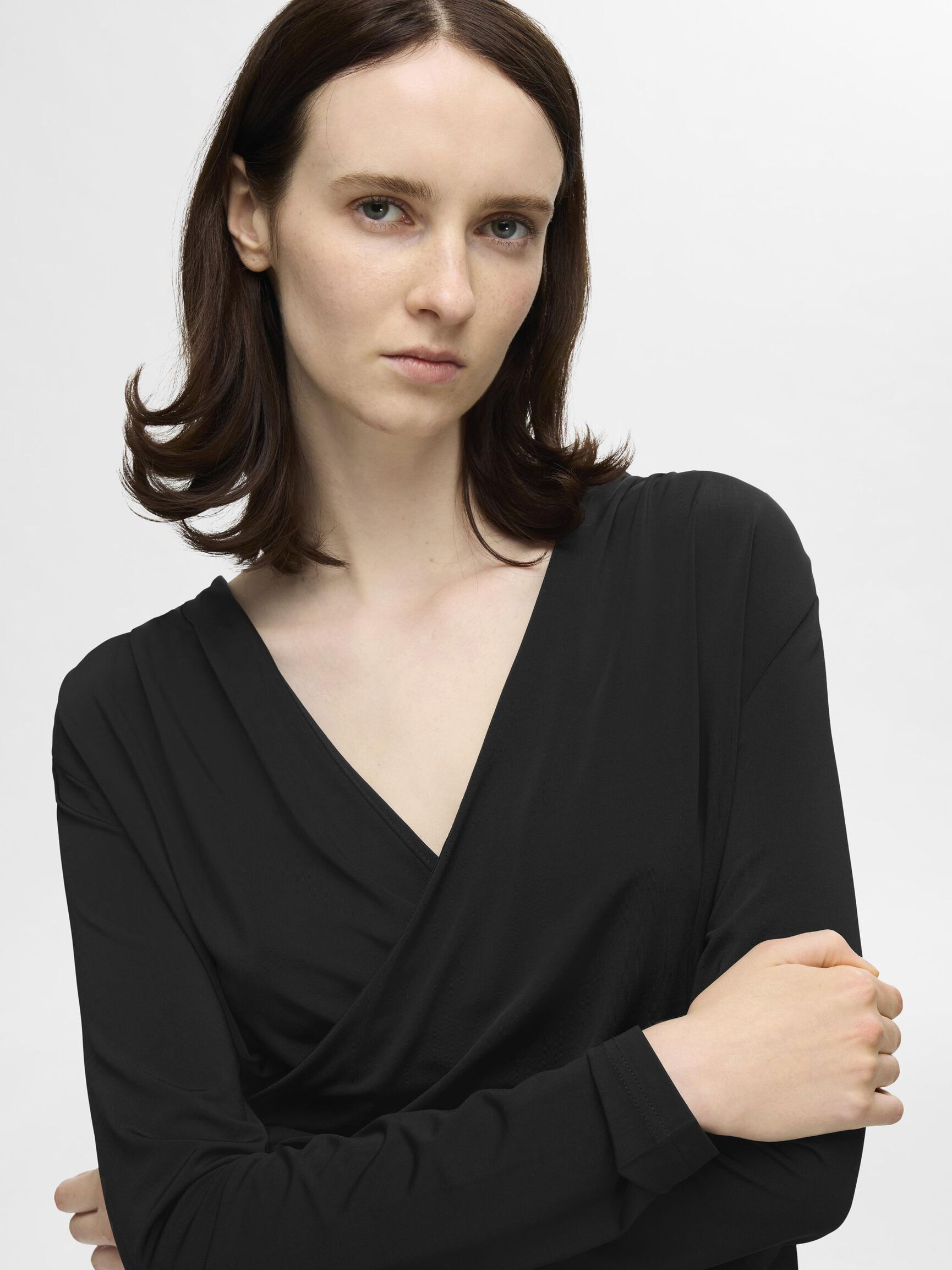 VISCOSE BLEND WRAP TOP, Black, highres