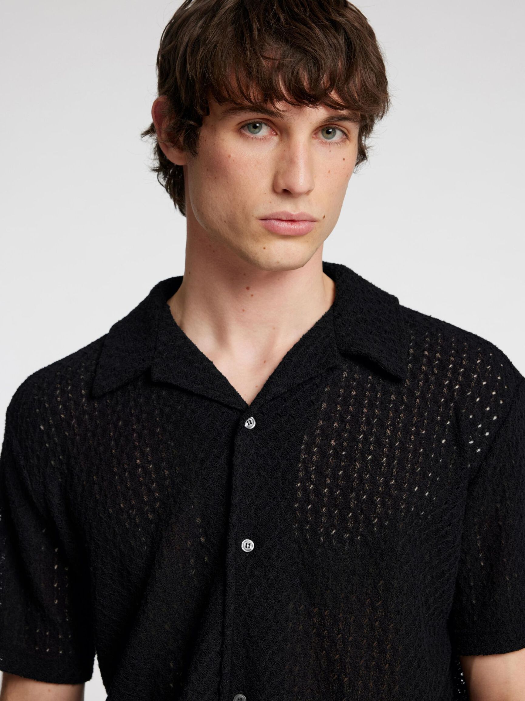 GEBREID JACQUARD OVERHEMD MET KORTE MOUWEN, Black, highres