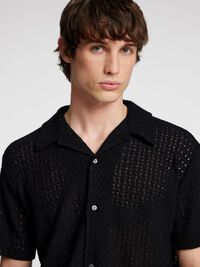 GEBREID JACQUARD OVERHEMD MET KORTE MOUWEN, Black, highres