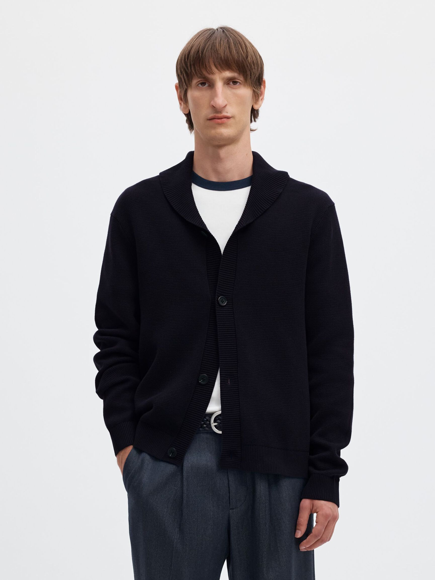 ORGANIC COTTON SHAWL COLLAR CARDIGAN, Sky Captain, highres