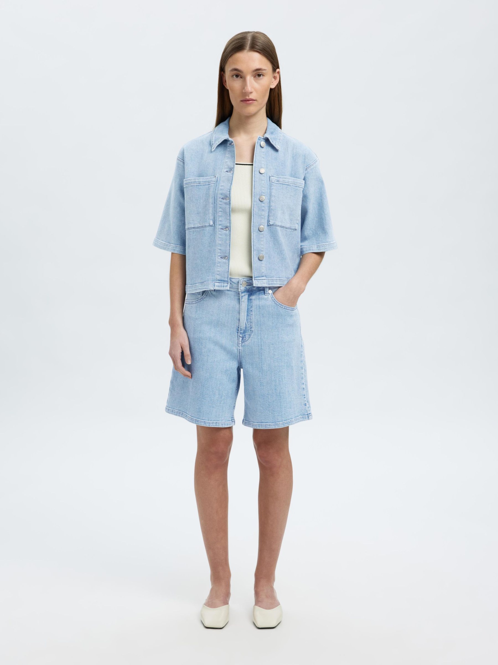 HØJTALJET DENIMSHORTS, Light Blue Denim, highres