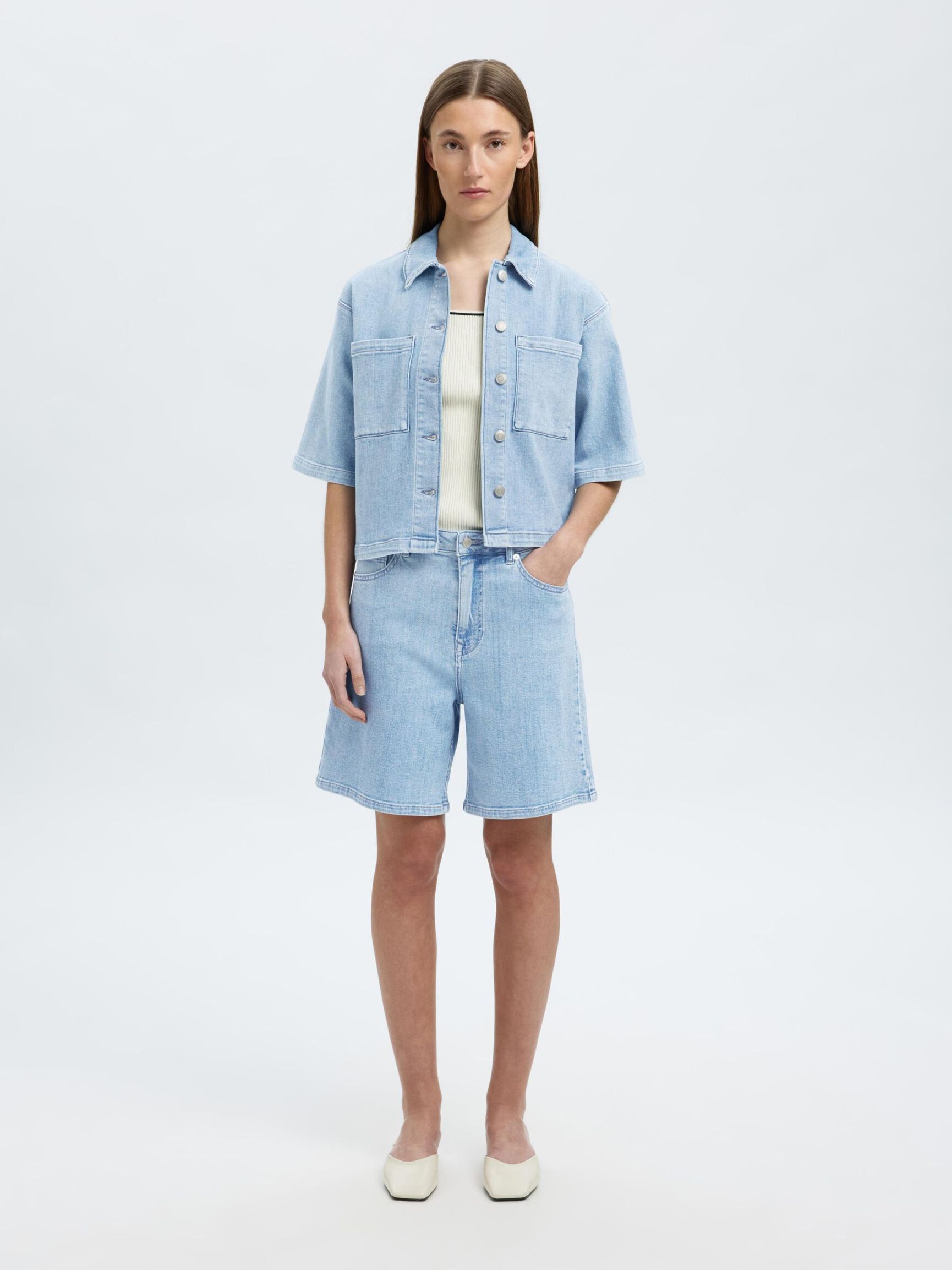 HIGH WAISTED DENIM SHORTS, Light Blue Denim, highres