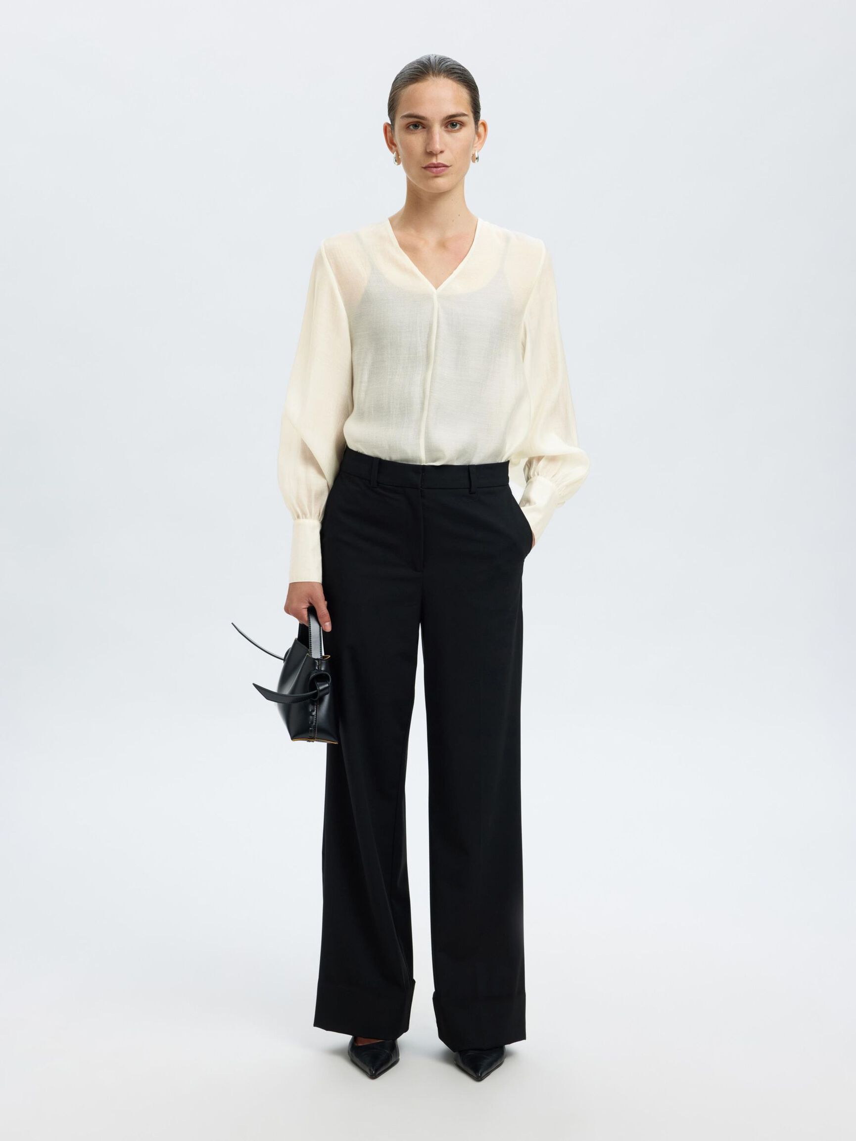 V-NECK LONG SLEEVED BLOUSE, Birch, highres