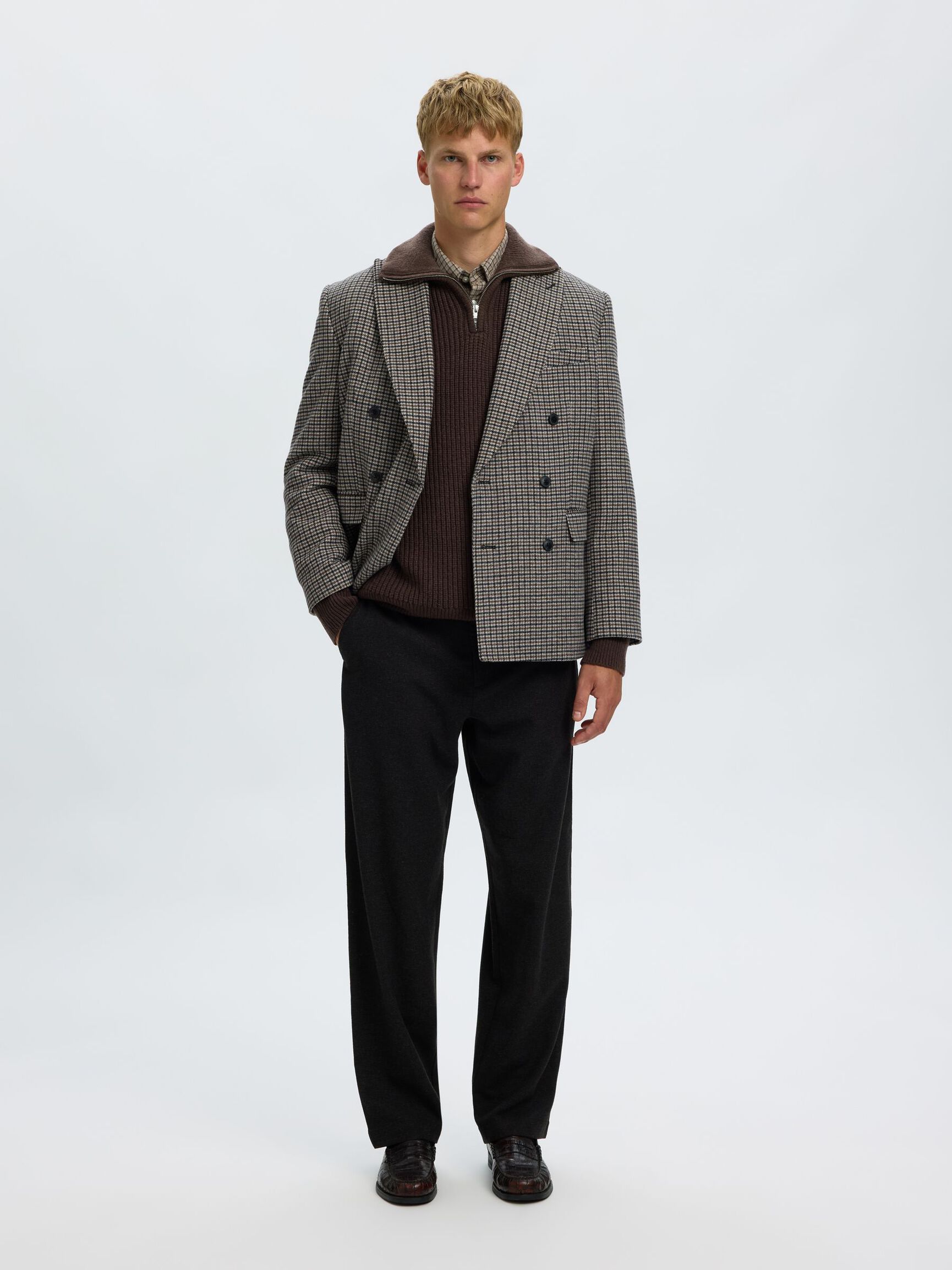 KNITTED WOOL BLEND HALF-ZIP JUMPER, Chocolate Torte, highres