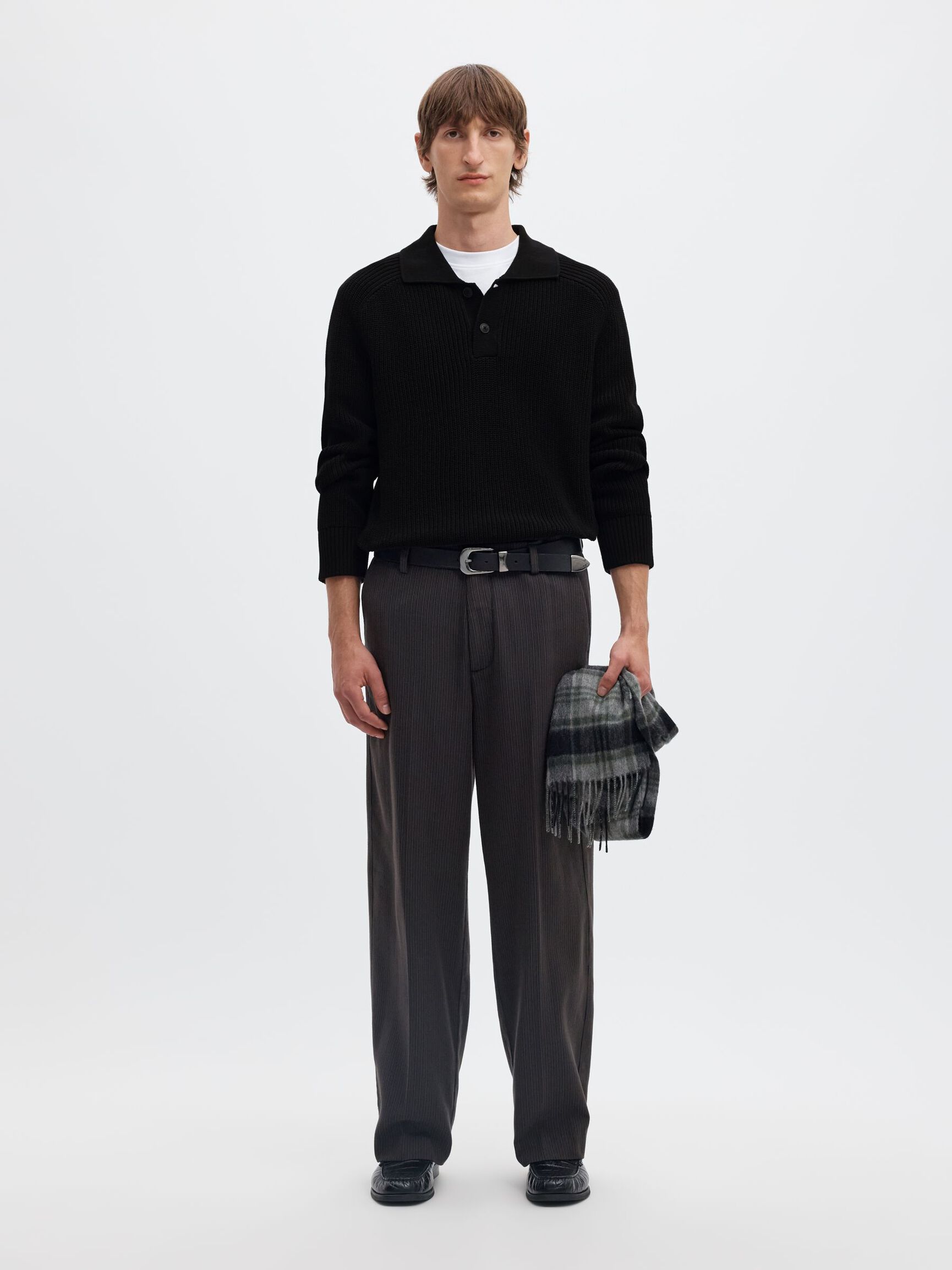 RIBBET STRIKKET POLOSKJORTE, Black, highres