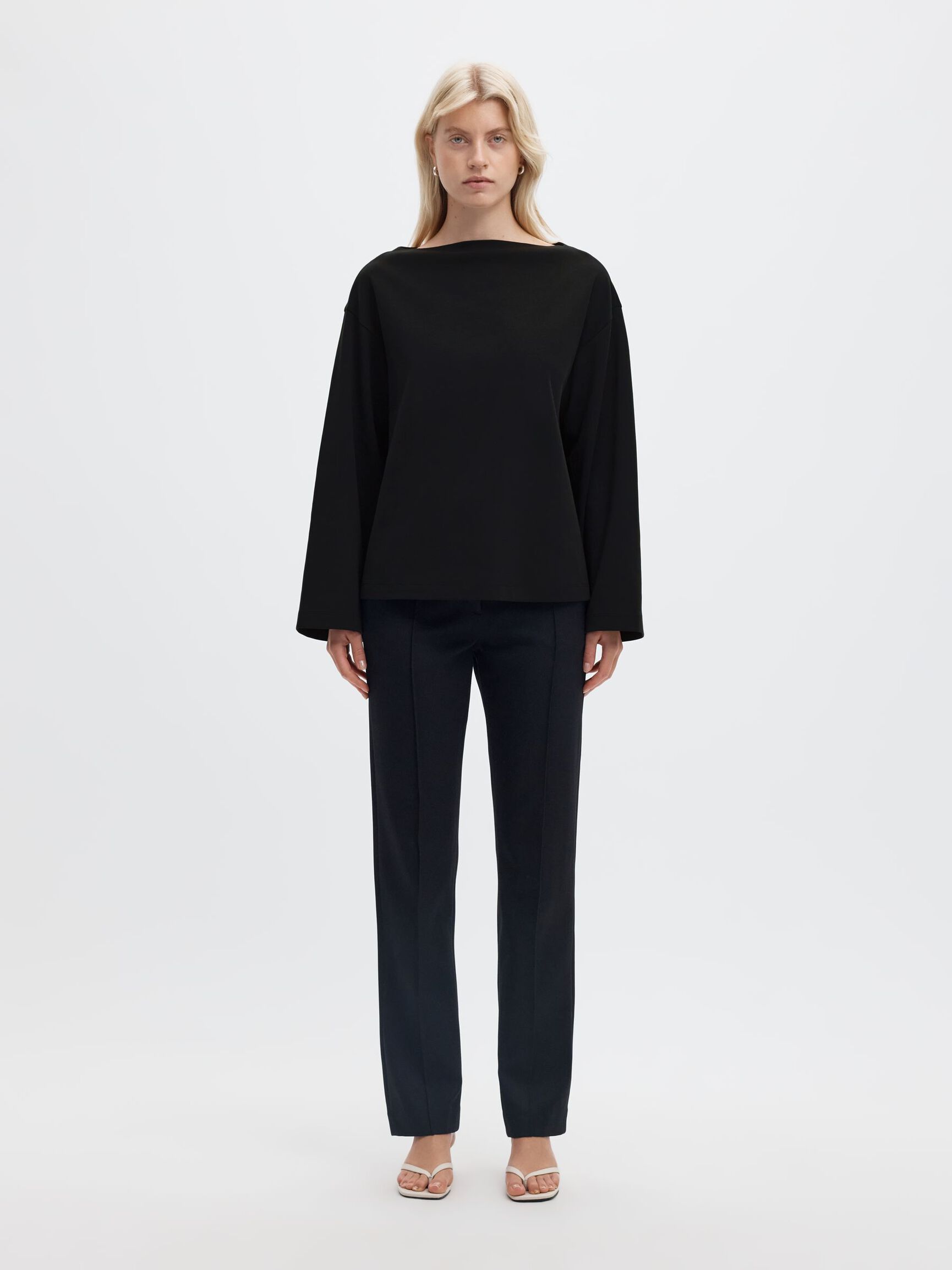 BOAT NECK COTTON LONG-SLEEVED T-SHIRT, Black, highres