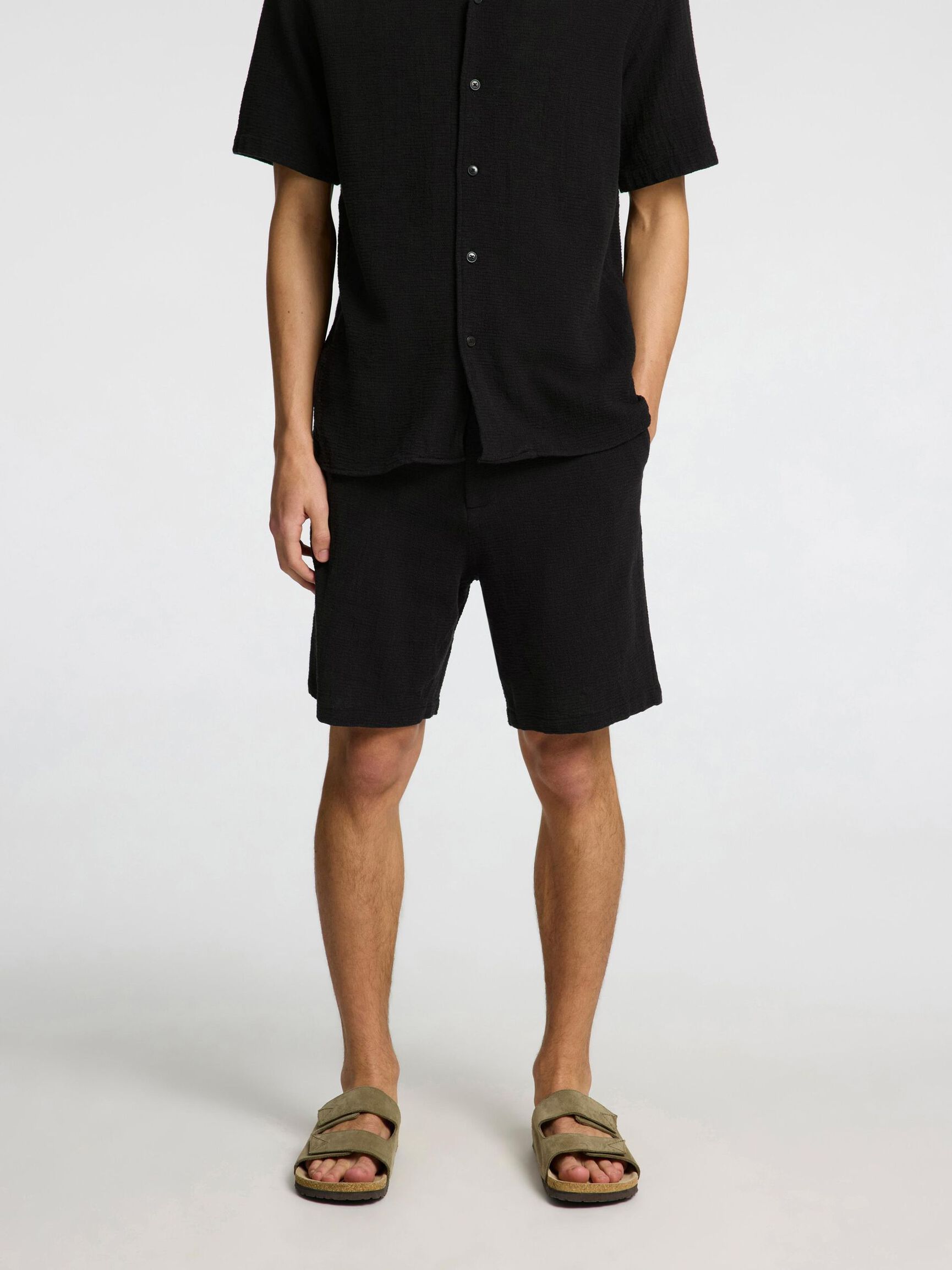 EN COTON RAYÉ SHORT, Black, highres