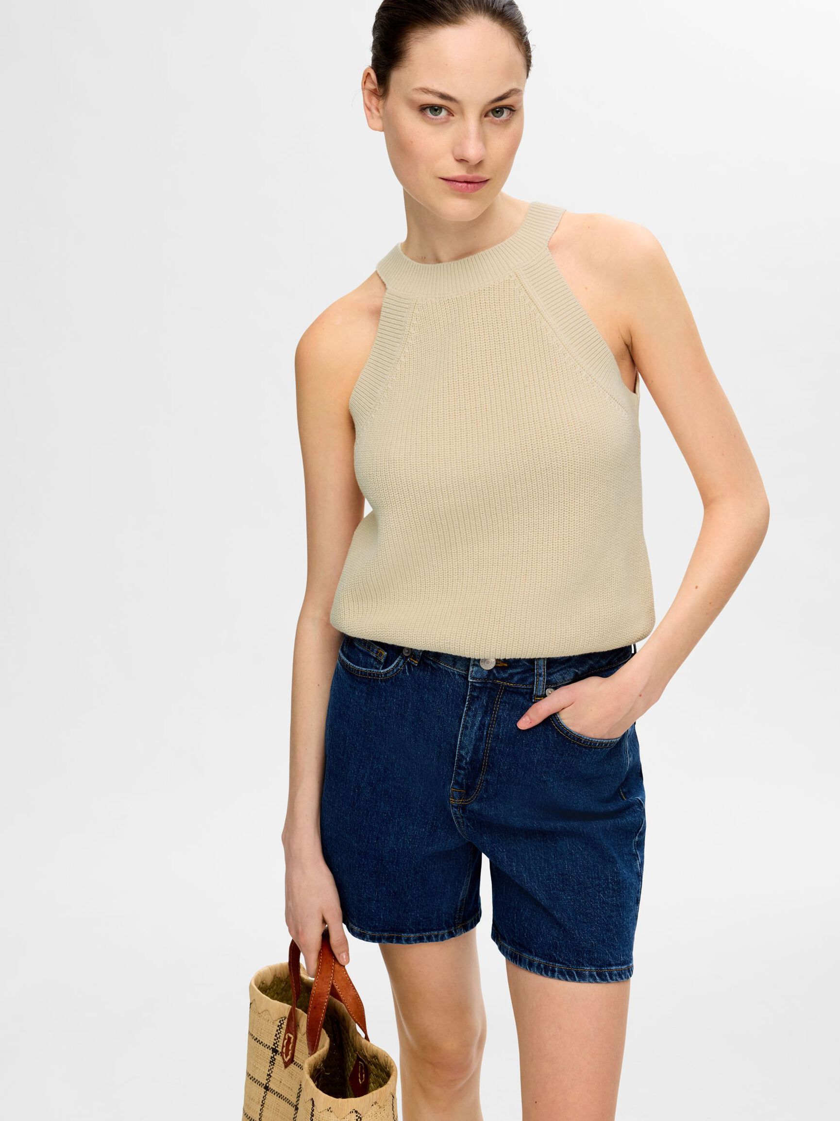 KNITTED HALTERNECK TOP, Birch, highres