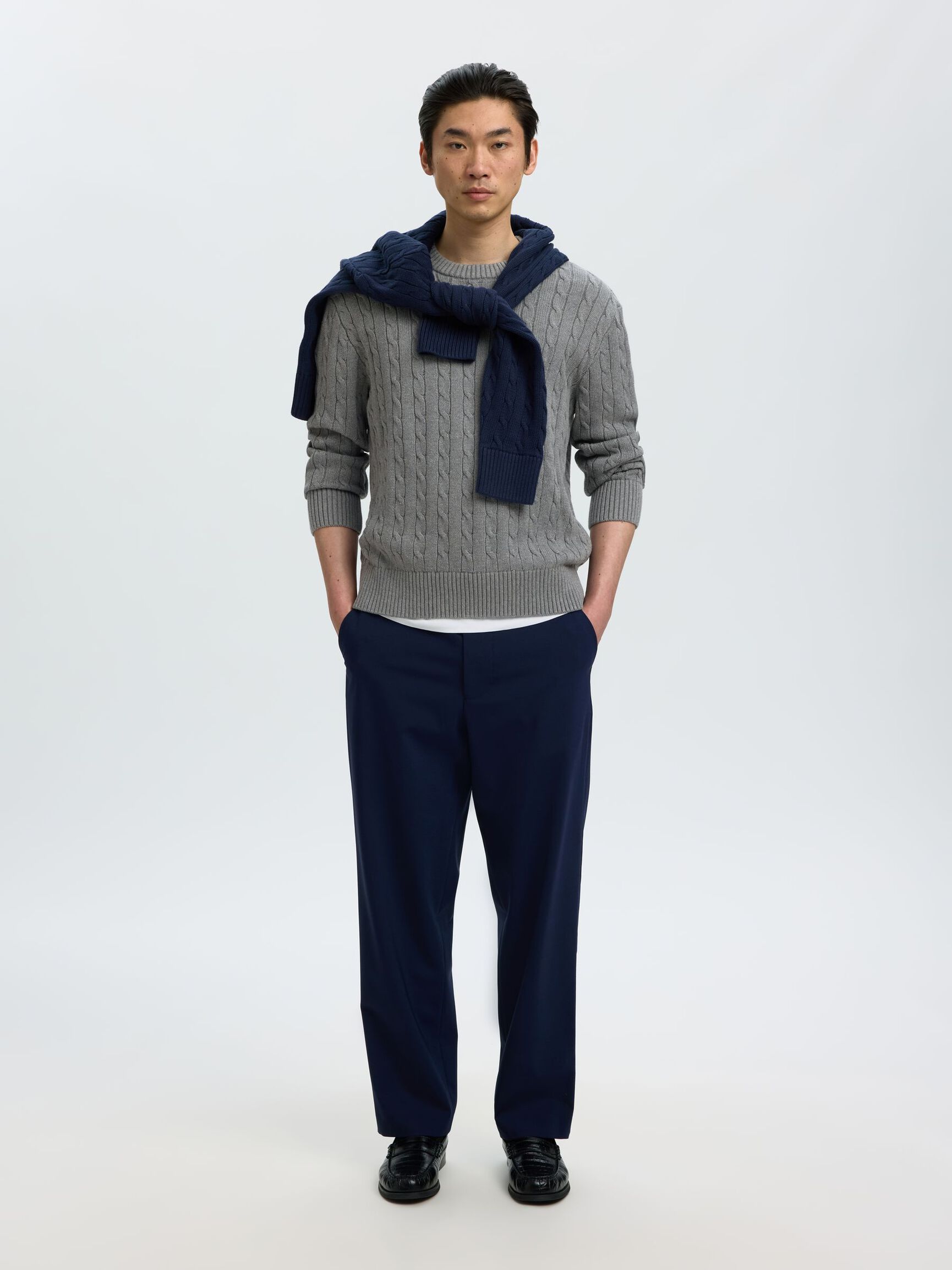 CABLE KNIT PULLOVER, Medium Grey Melange, highres
