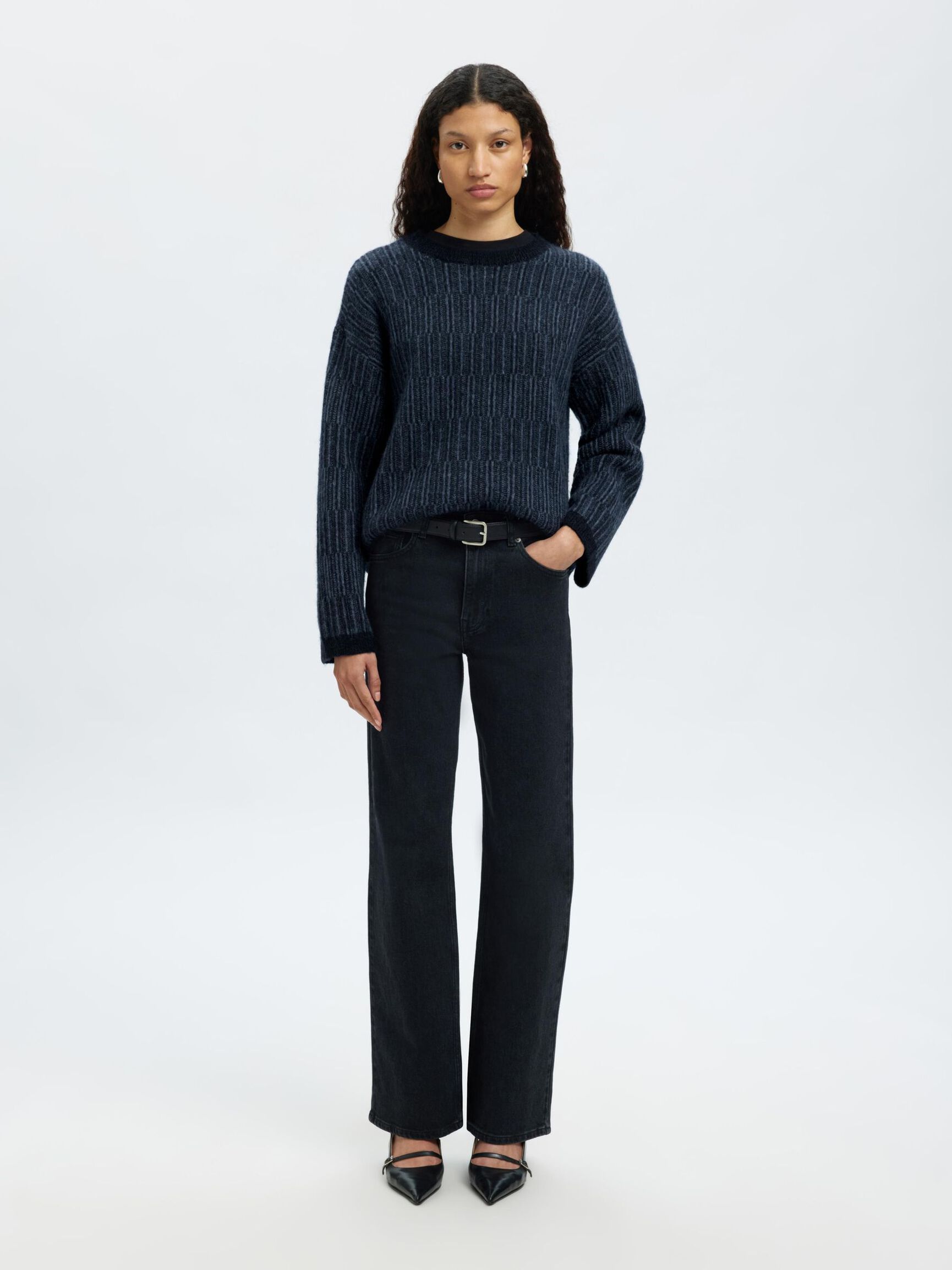 WOOL BLEND KNITTED JUMPER, Dark Sapphire, highres