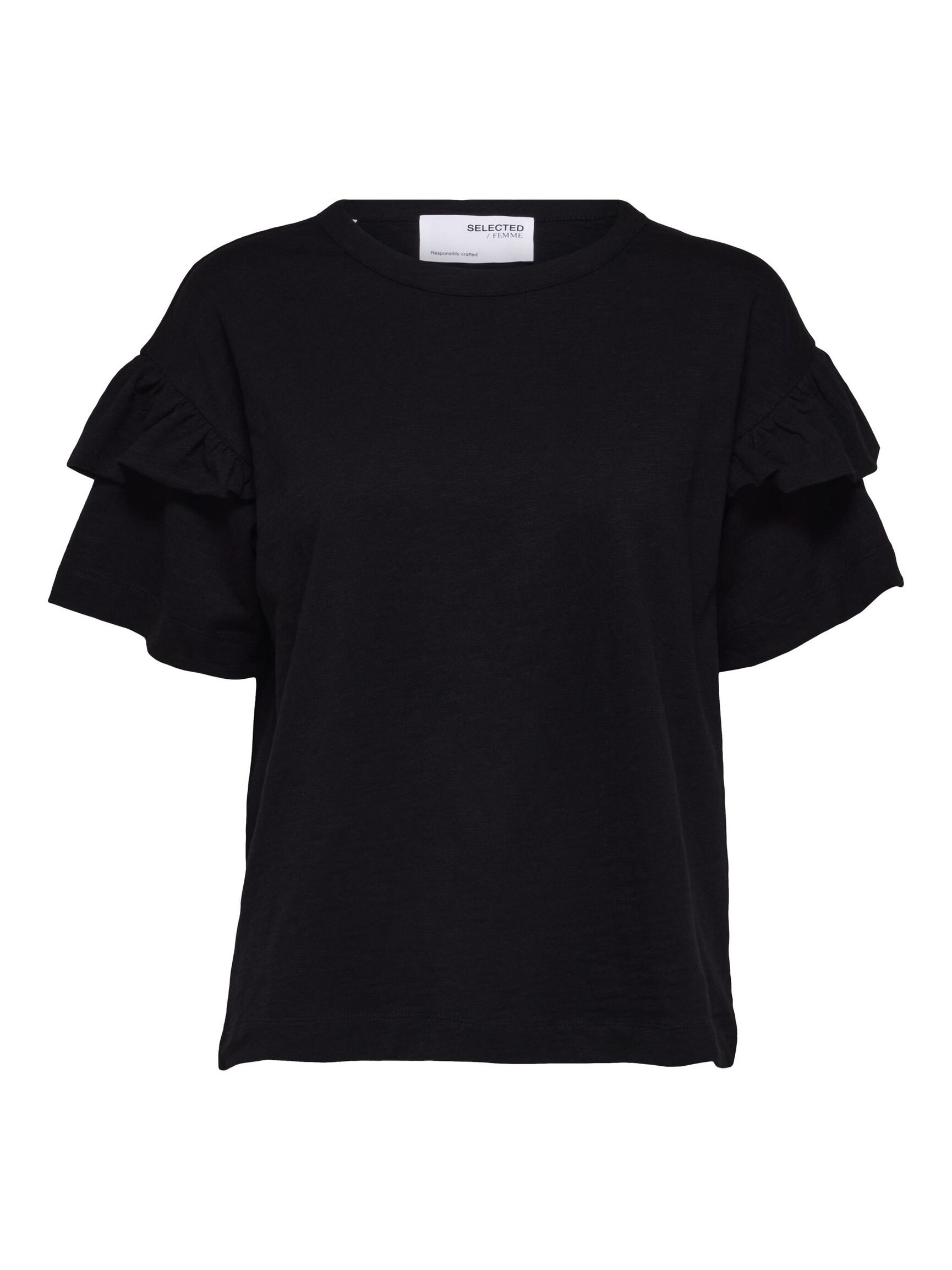 COTTON RUFFLE  T-SHIRT, Black, highres