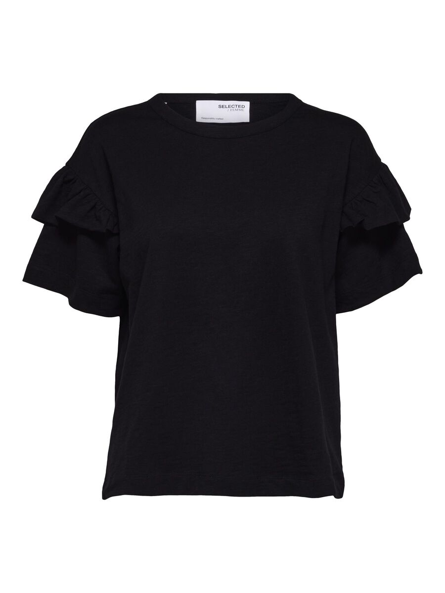Selected BAUMWOLL RÜSCHEN T-SHIRT, Black, highres - 16079837_Black_001.jpg