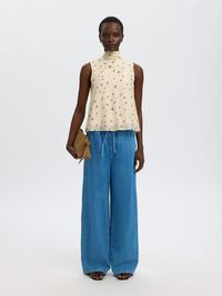 COTTON BLEND WIDE-LEG TROUSERS, Medium Blue Denim, highres