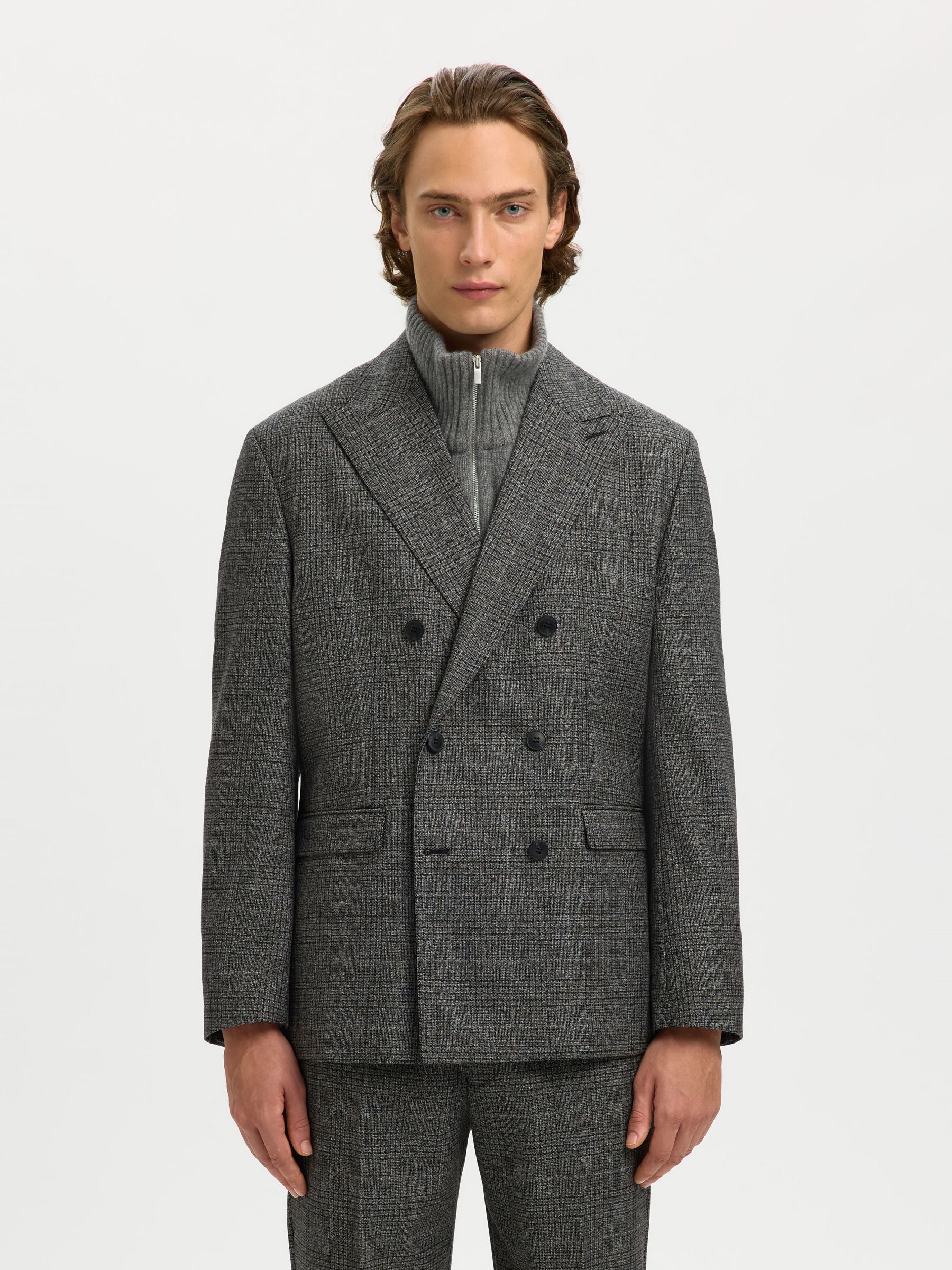 100% WOOL DOUBLE-BREASTED BLAZER, Grey, highres