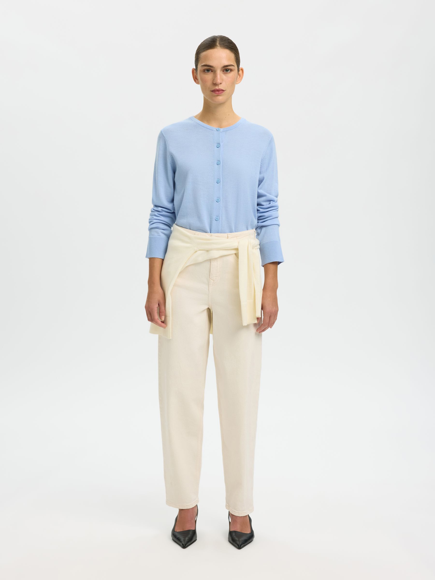 100% MERINO WOOL KNITTED CARDIGAN, Cashmere Blue, highres