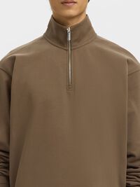 RIBBED HALF ZIP LONG-SLEEVED POLO, Morel, highres