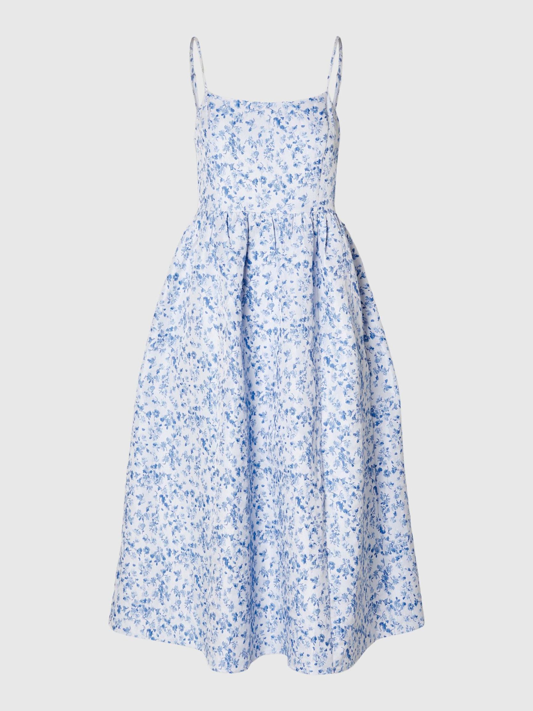 FLORAL PRINTED SLEEVELESS MIDI DRESS, Sky Blue, highres