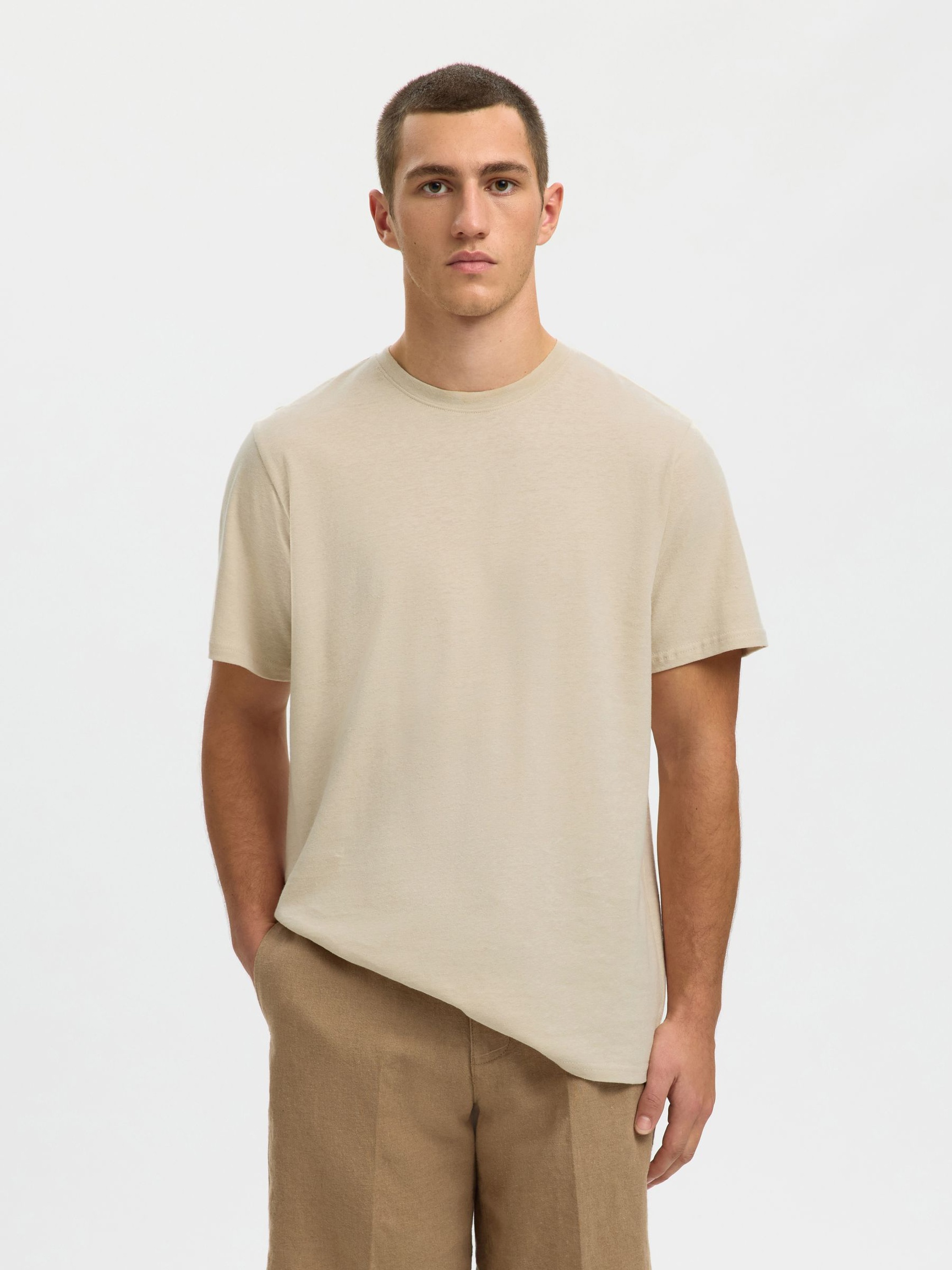 LINEN BLEND T-SHIRT, Oatmeal, highres