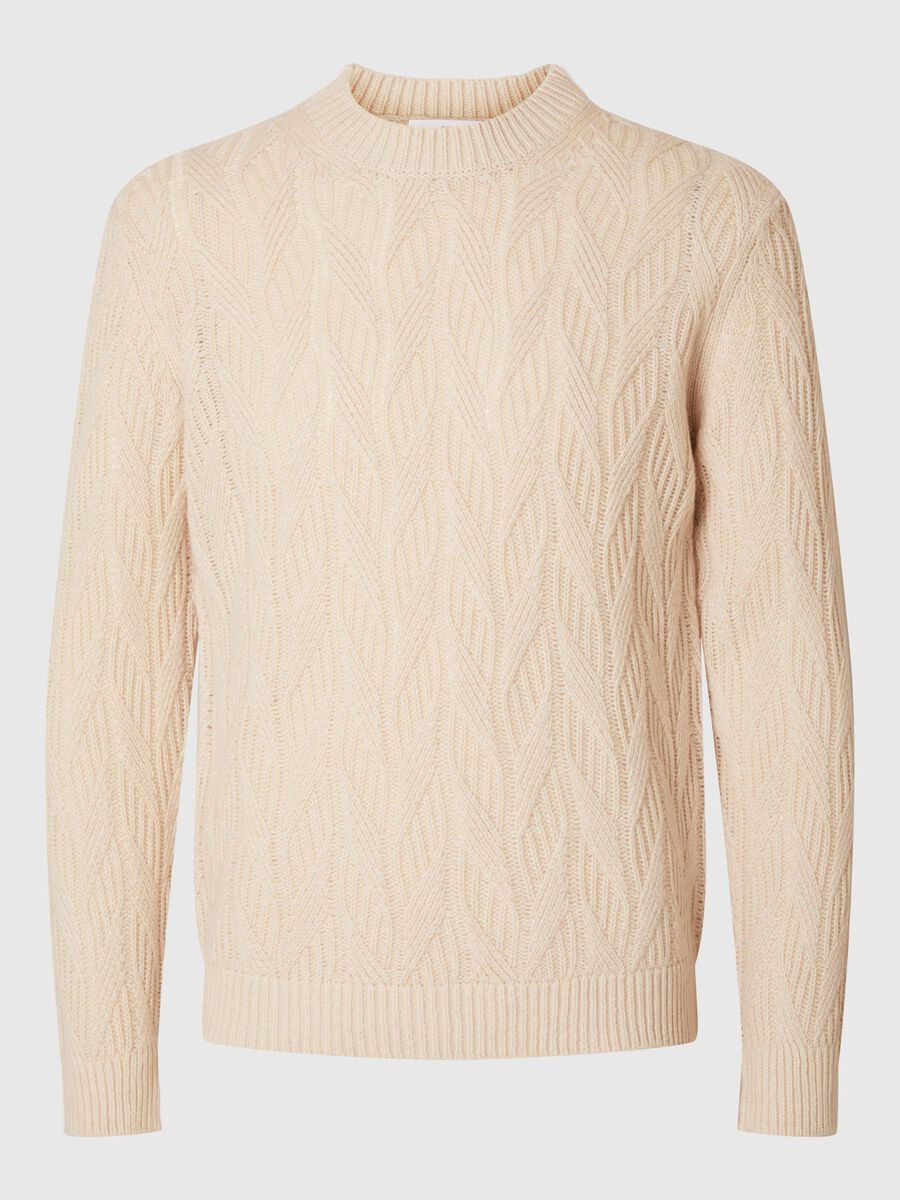 Selected WOOL BLEND CABLE KNITTED PULLOVER, Oatmeal, highres - 16086686_Oatmeal_001.jpg