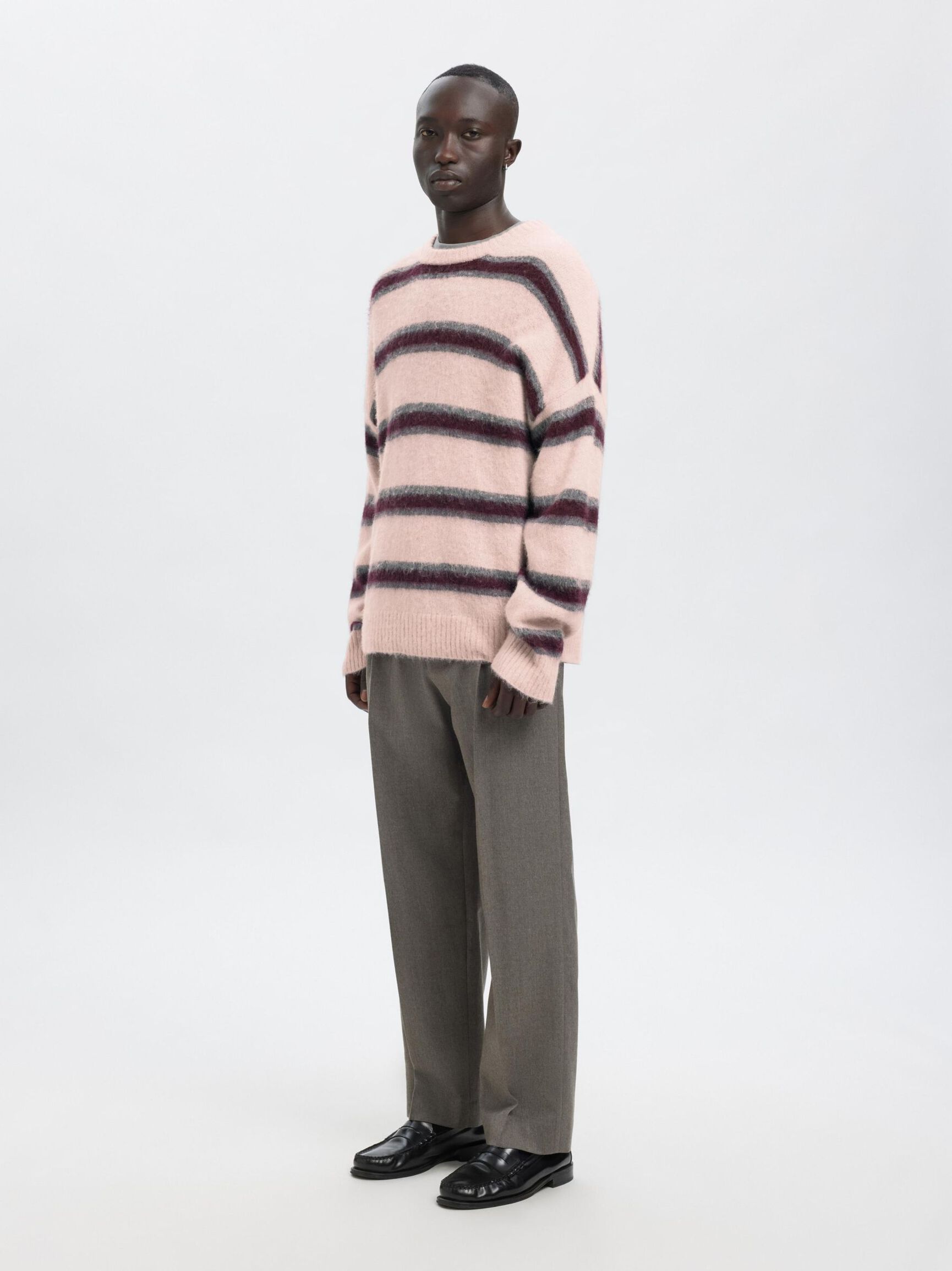 STRIPED KNITTED PULLOVER, Barely Pink, highres