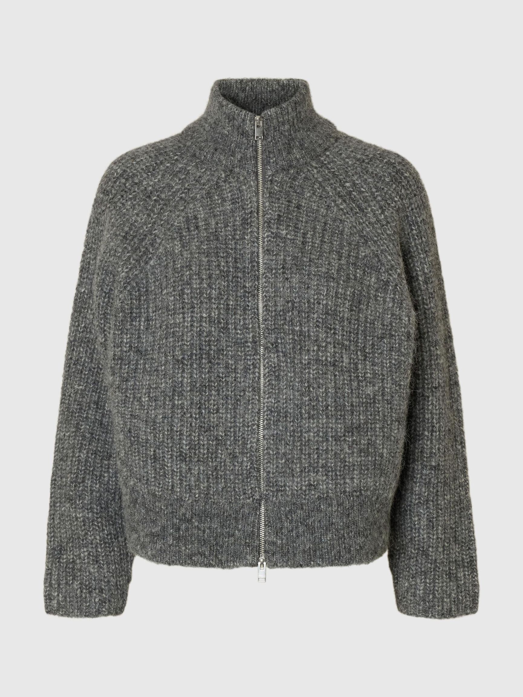 WOOL BLEND ZIP-FRONT CARDIGAN, Medium Grey Melange, highres