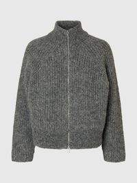 WOOL BLEND ZIP-FRONT CARDIGAN, Medium Grey Melange, highres