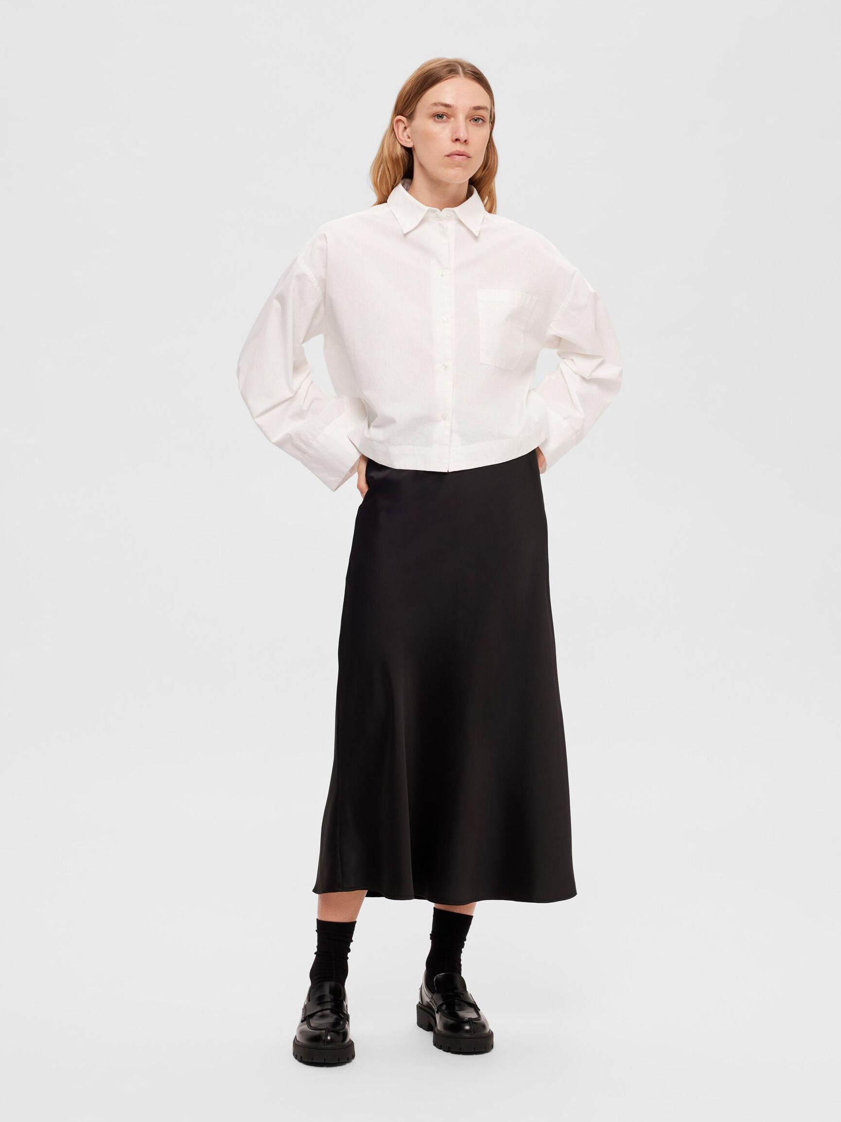 SATIN MIDI SKIRT, Black, highres