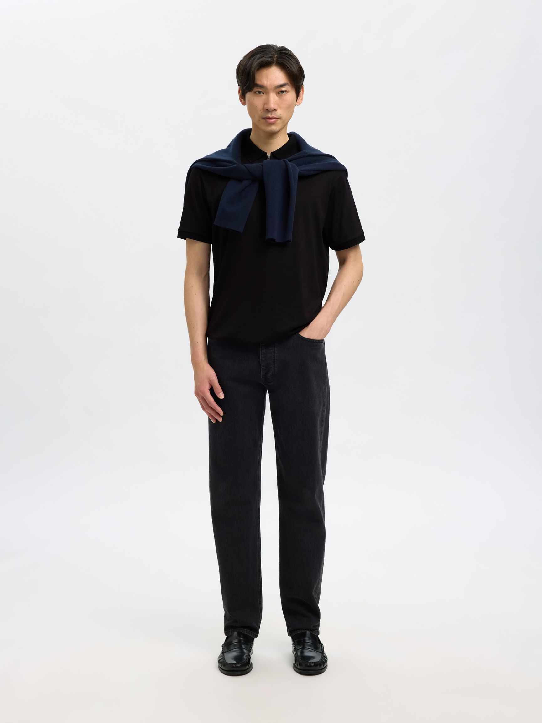 ZIPPER POLO SHIRT, Black, highres