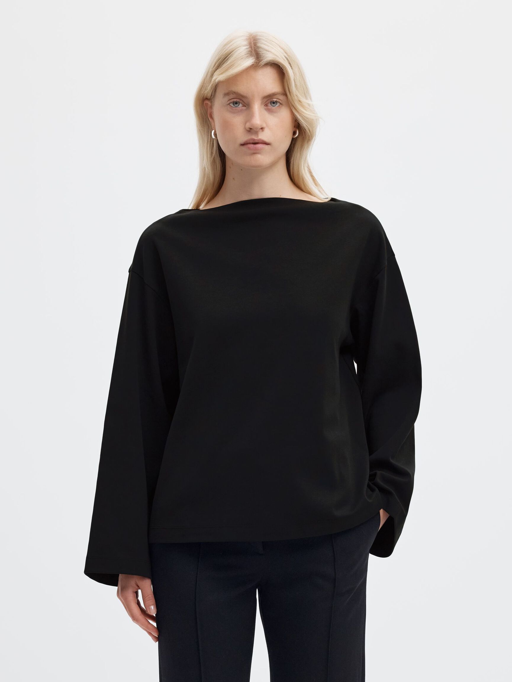 BOAT NECK COTTON LONG-SLEEVED T-SHIRT, Black, highres