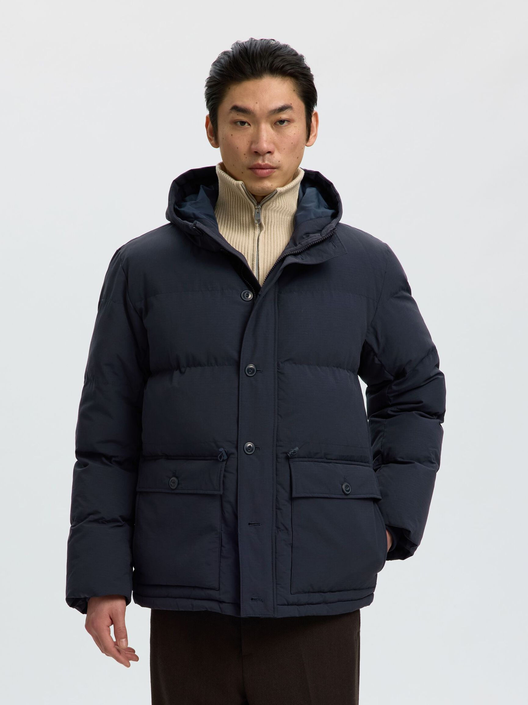 ADJUSTABLE WAIST PUFFER JACKET, Sky Captain, highres