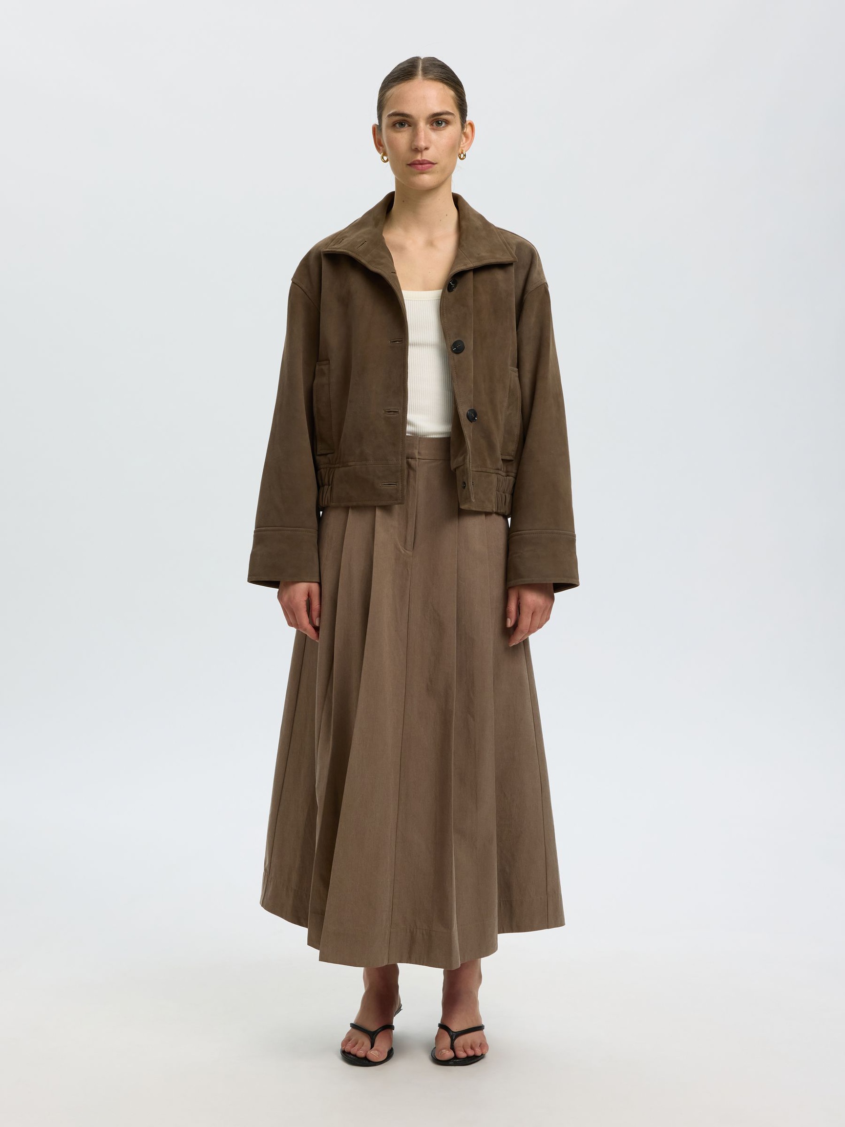 COTTON BLEND MIDI SKIRT, Chocolate Chip, highres