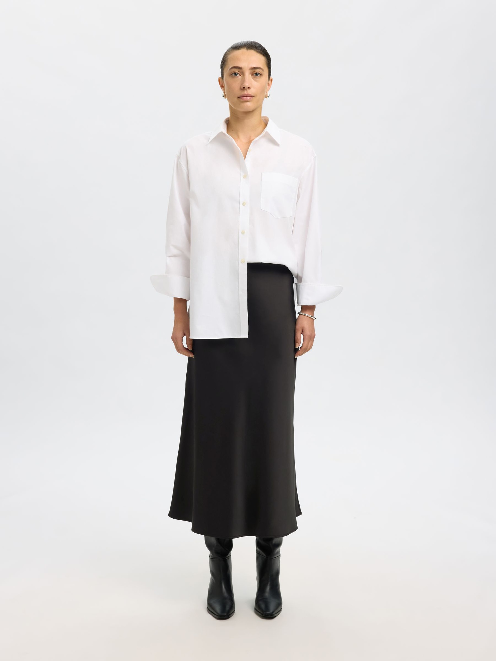 SATIN MIDI SKIRT, Black, highres