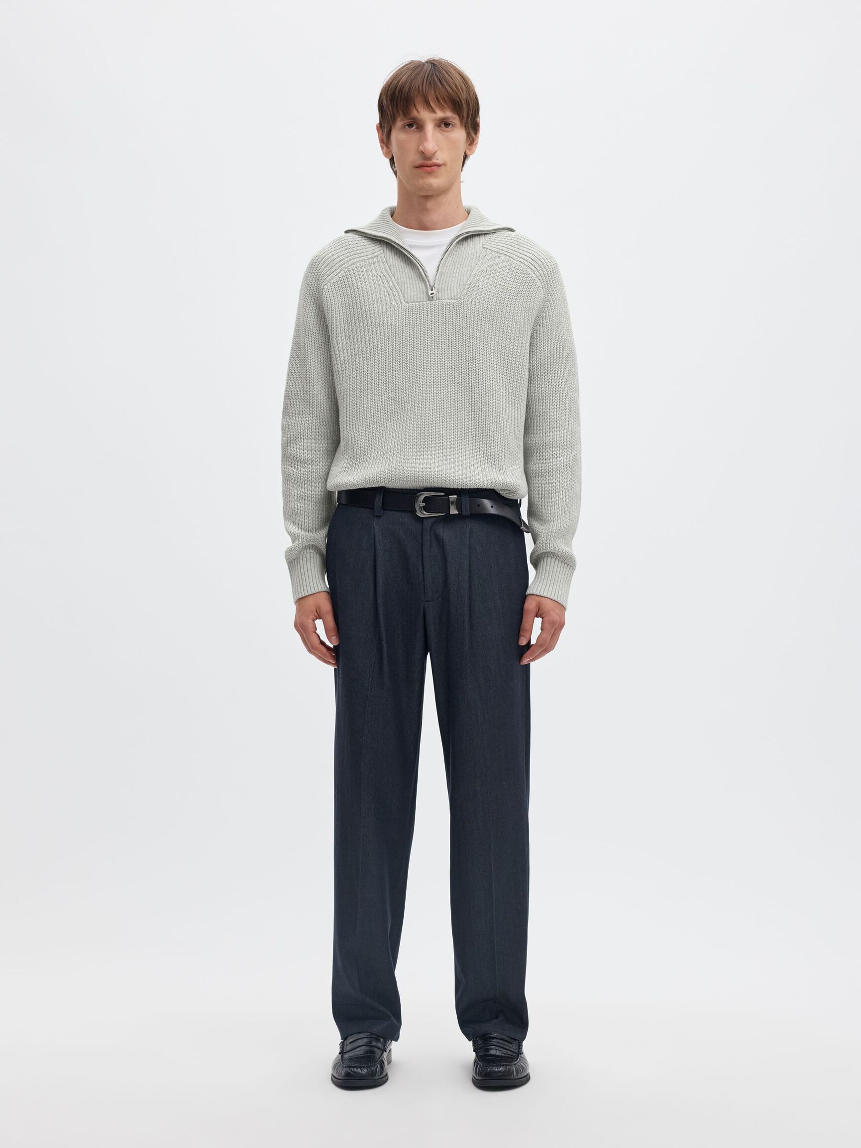RIBBED ORGANIC COTTON HALF-ZIP JUMPER, Light Grey Melange, highres