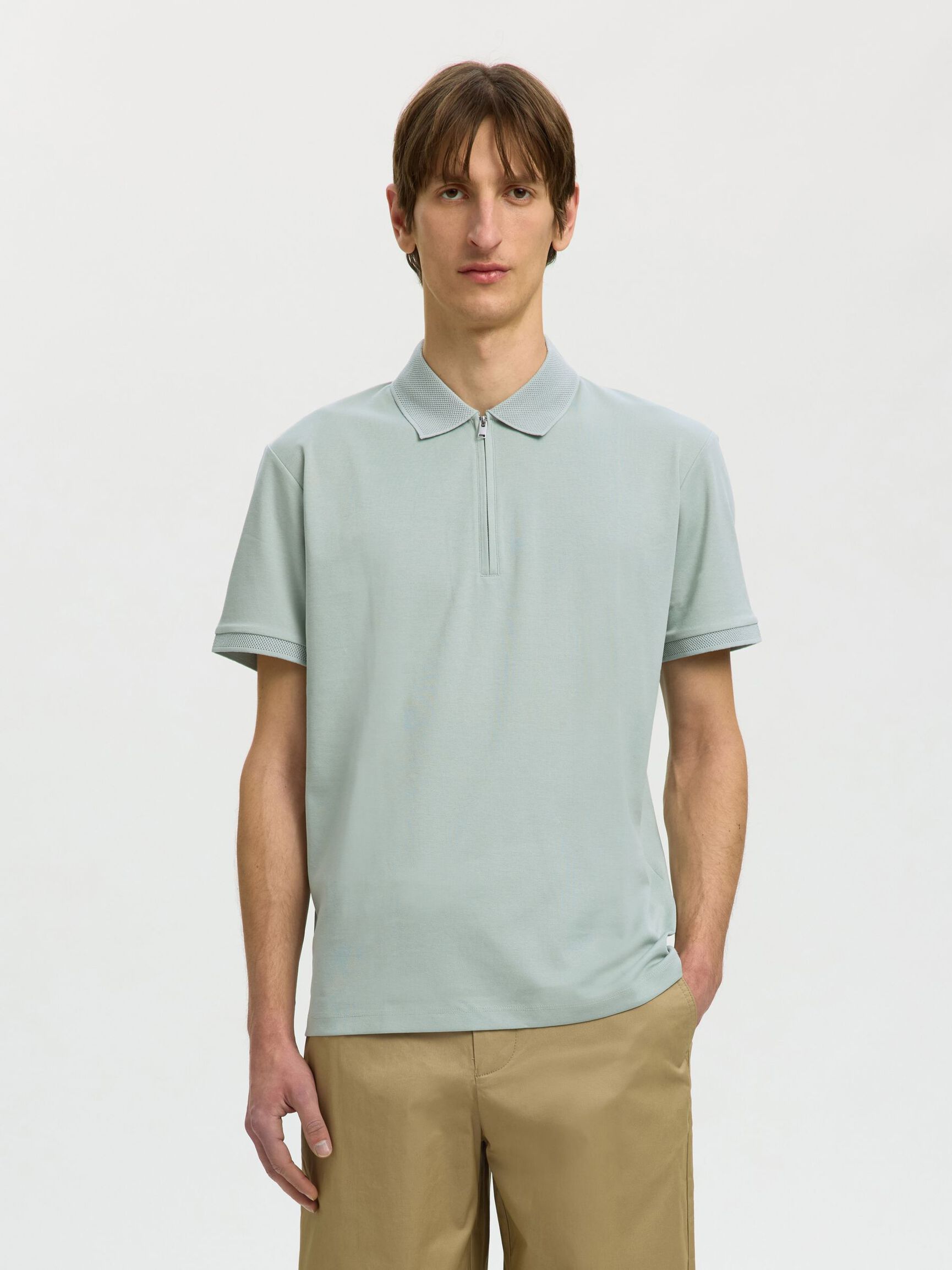 ZIPPER POLOHEMD AUS STRICK, Aqua Gray, highres